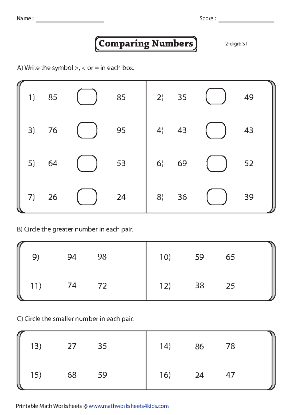 Compare-2digit-1 - thanks - B) Circle the greater number in each pair ...