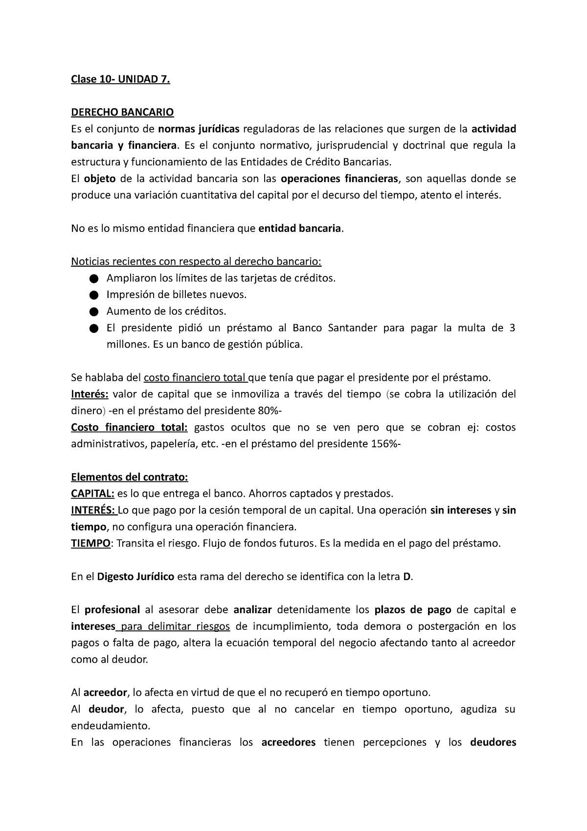 Unidad 7- Clase 10 - Apuntes - Clase 10- UNIDAD 7. DERECHO BANCARIO Es ...