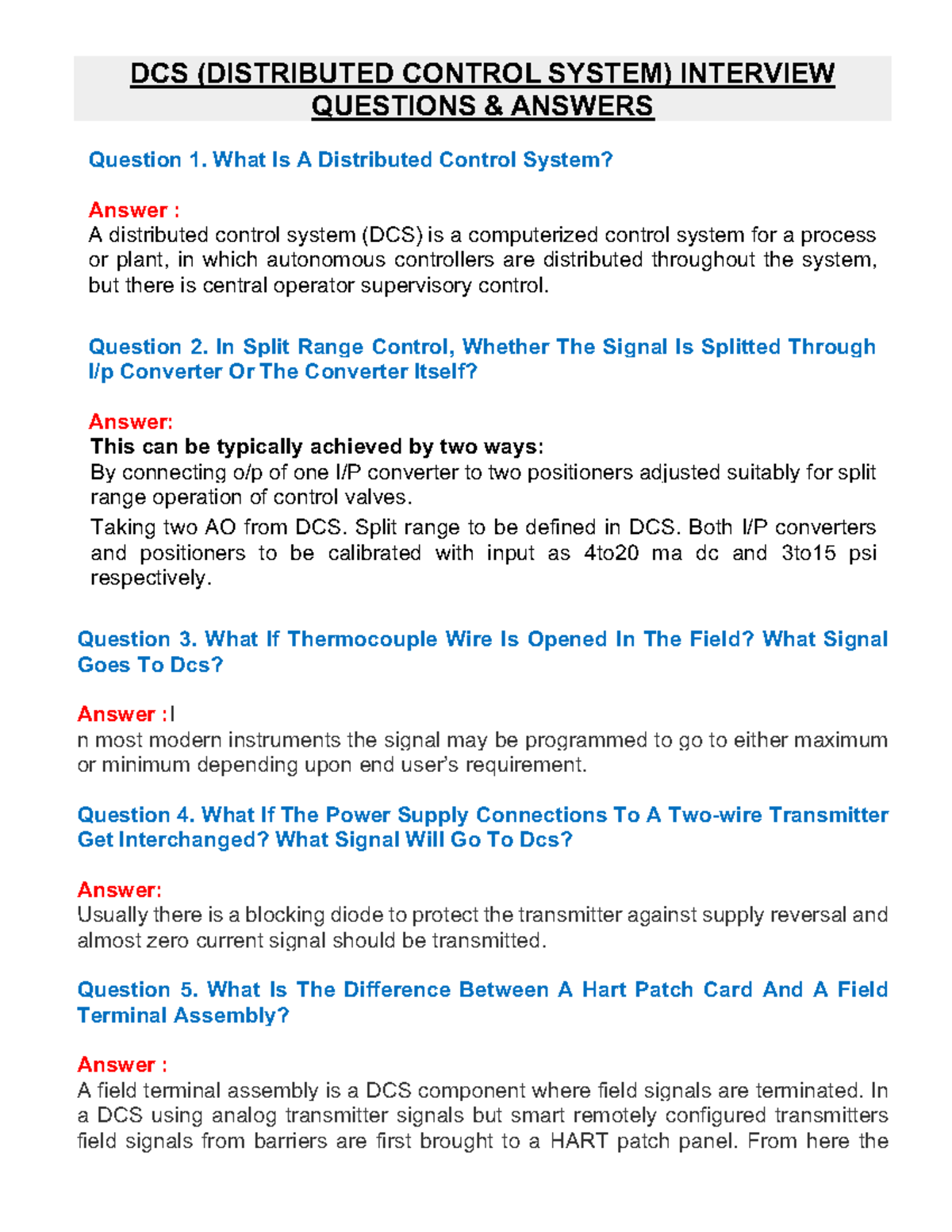 DCS Inreview Quistions and Answers - DCS (DISTRIBUTED CONTROL SYSTEM ...