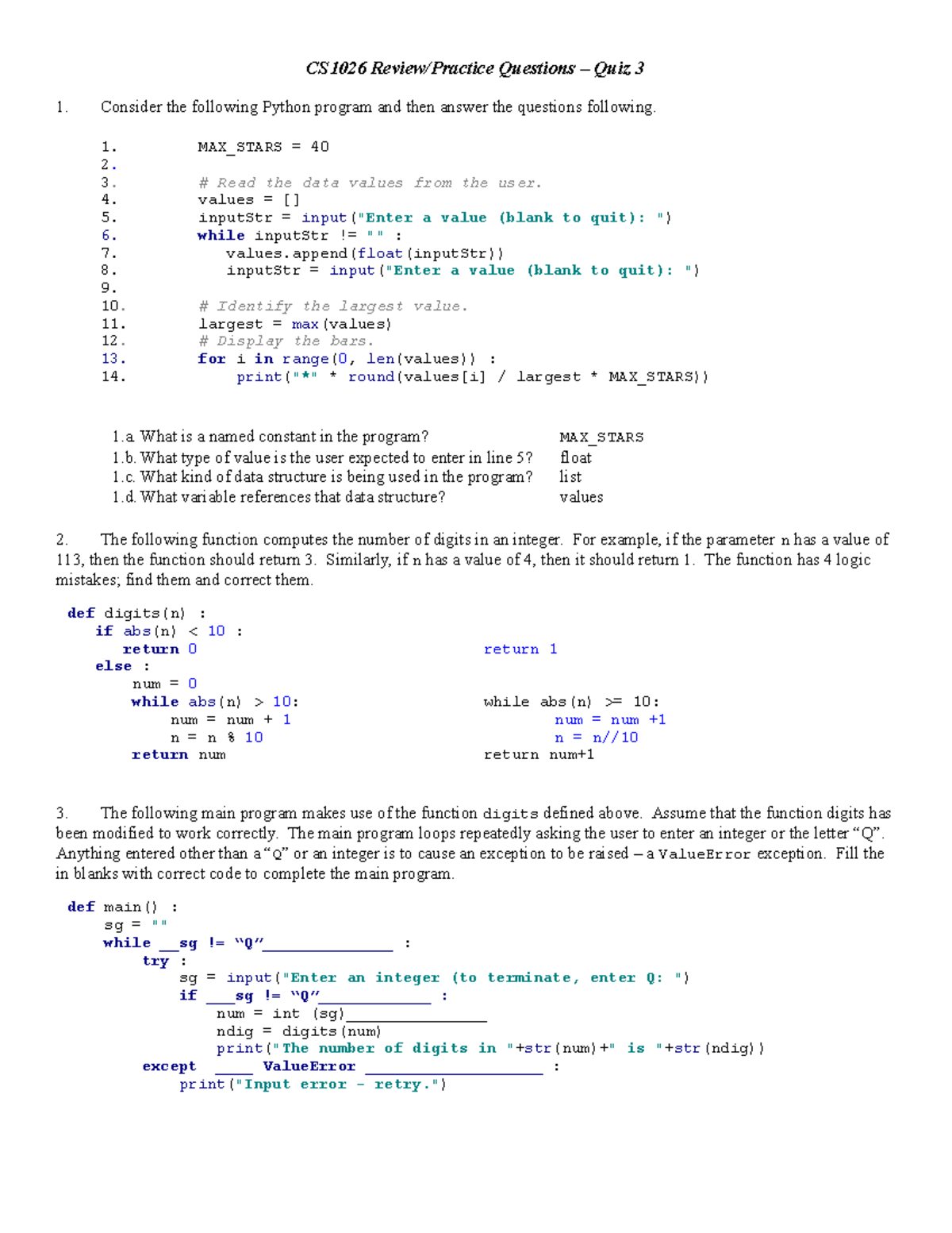 Quiz 3 Fall 2018 - Quiz - CS1026 Review/Practice Questions – Quiz 3 1 ...