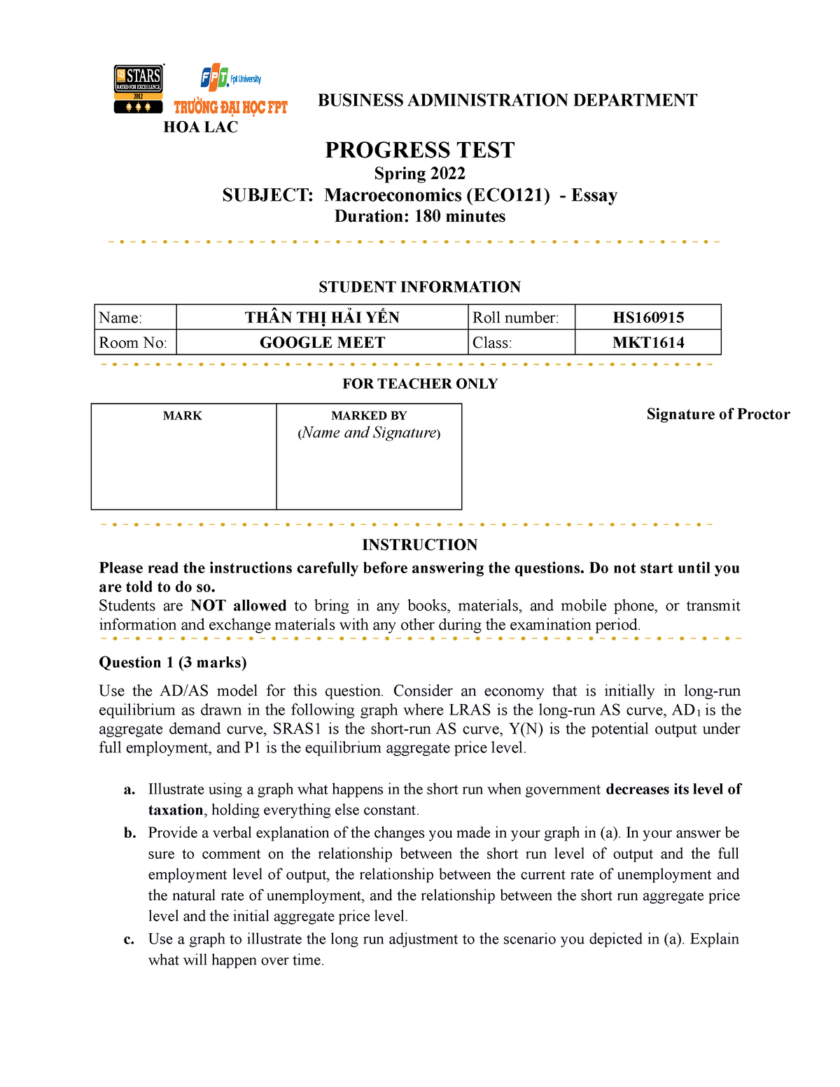 ECO121 Progress Test - HOA LAC BUSINESS ADMINISTRATION DEPARTMENT ...