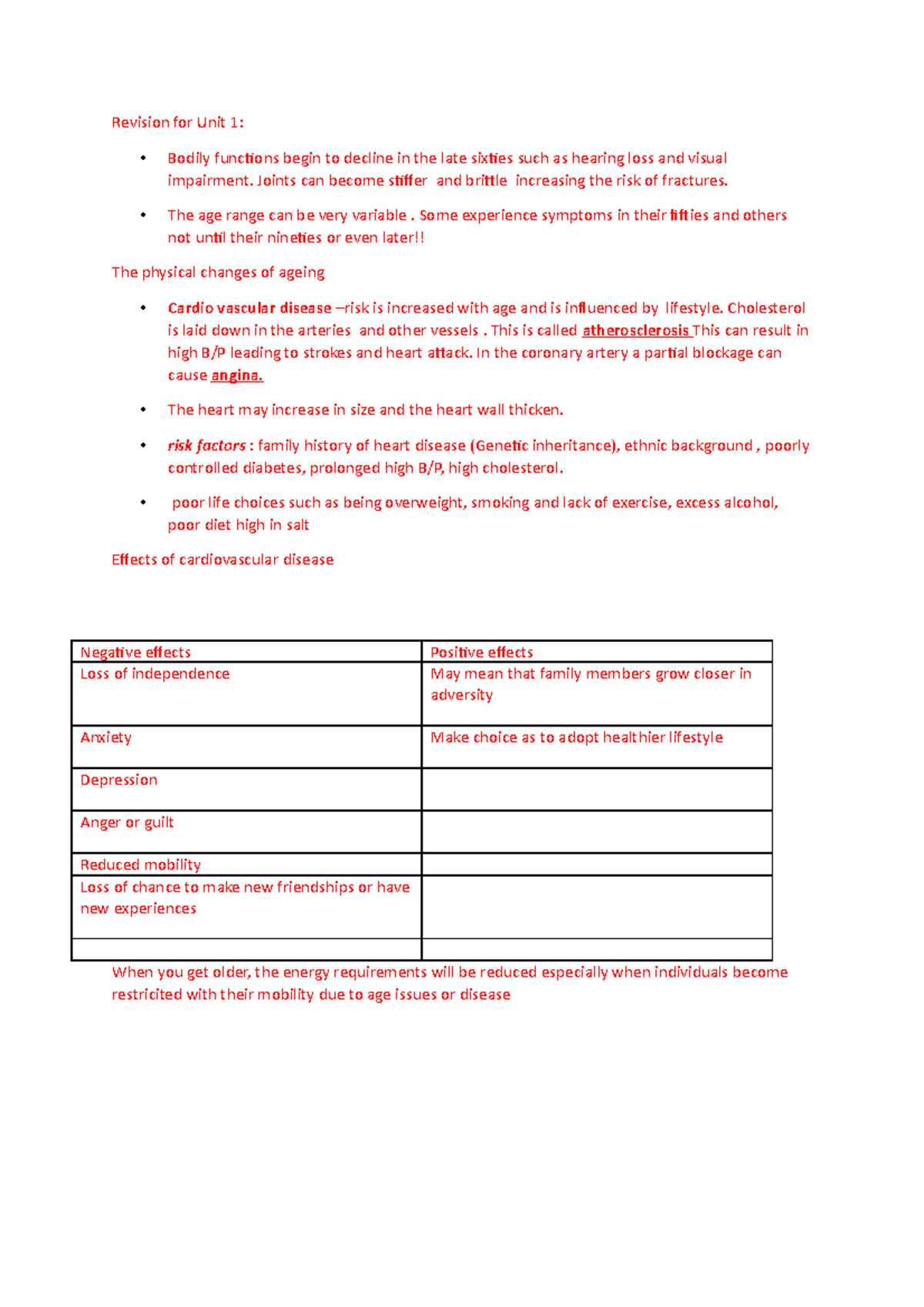 Revision for Unit 1 Joints can stiffer and brittle increasing