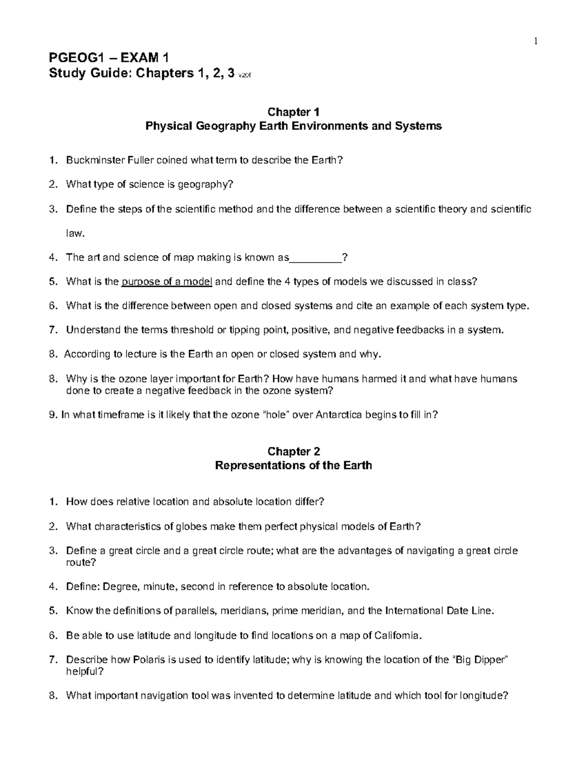 Exam 1 Study Guide - 1 PGEOG1 – EXAM 1 Study Guide: Chapters 1, 2, 3 ...