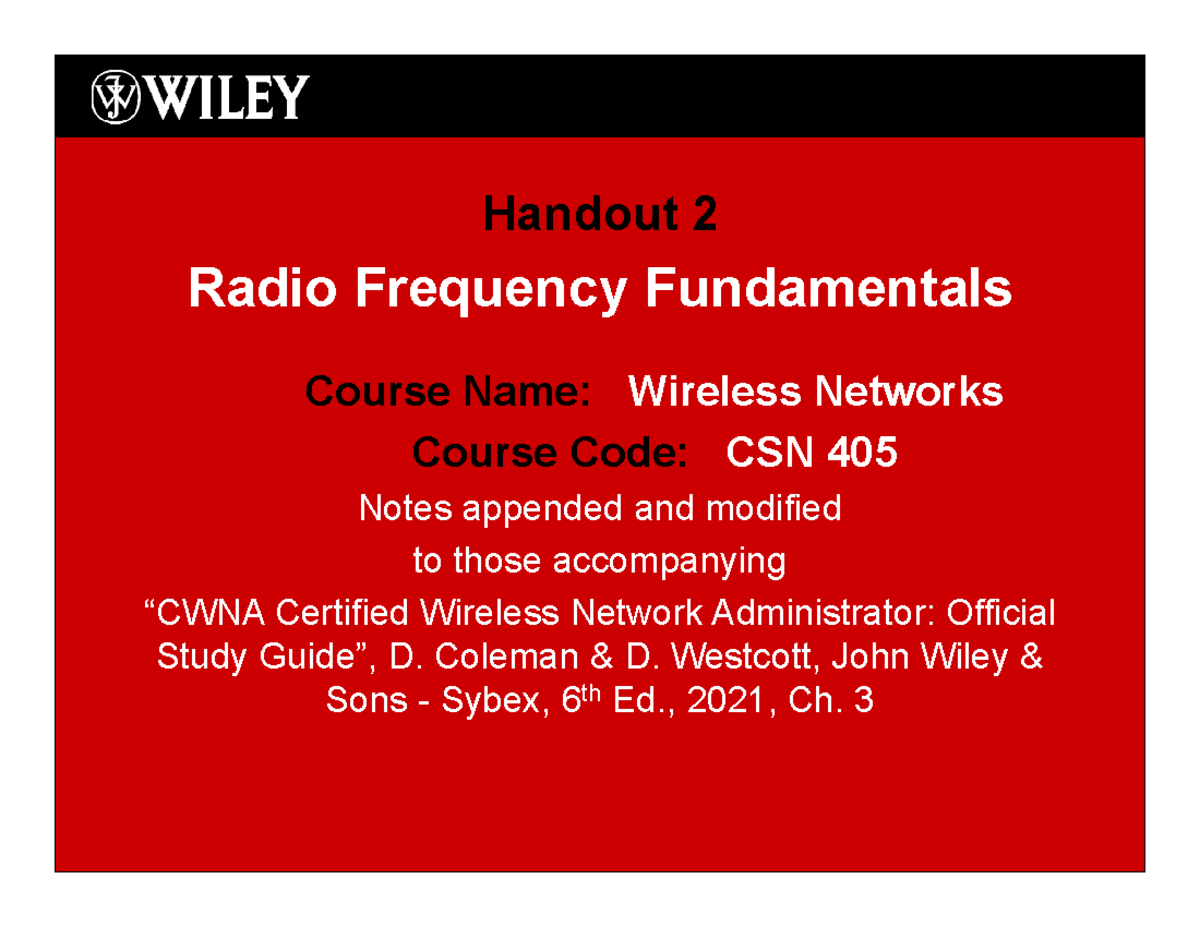 CSN405 Handout 2 pdf - Good for practice - Handout 2 Radio Frequency ...