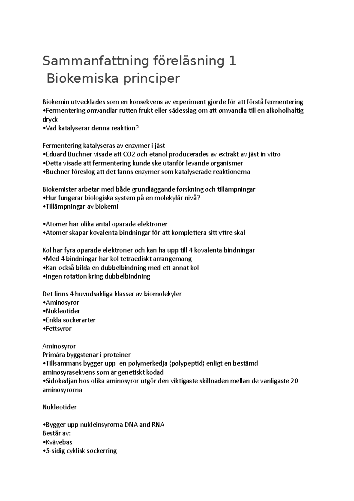 Sammanfattning F1 Biokemiska Principer - Sammanfattning Föreläsning 1 ...