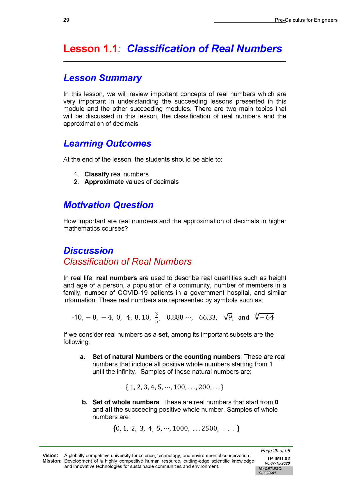 ESci 110 Module 1 Lesson 1 Classification of Real Numbers - 29 Pre ...