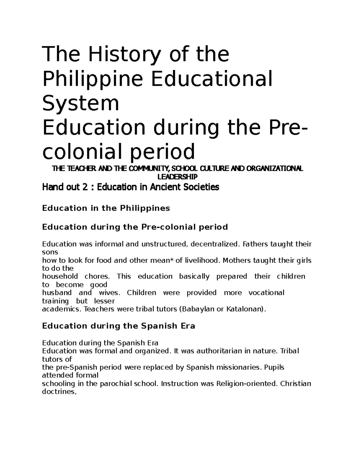 Handout 2 education in the philippines - The History of the Philippine ...