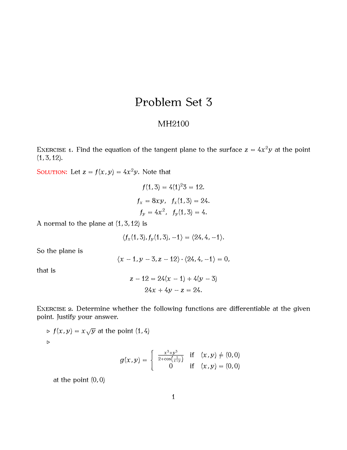 Calculus Problem set 3 - Problem Set 3 MH Exercise 1. Find the equation ...