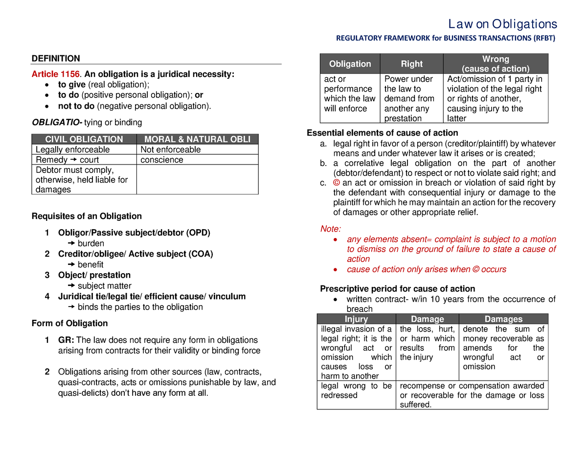 (RFBT) Law On Obligations- Introduction And Kinds Of Obligation ...