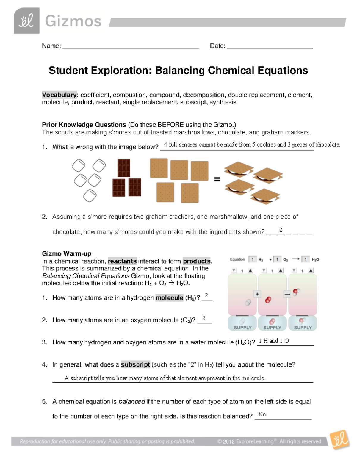 Student Exploration Balancing Chemical Equations - 2018 Name