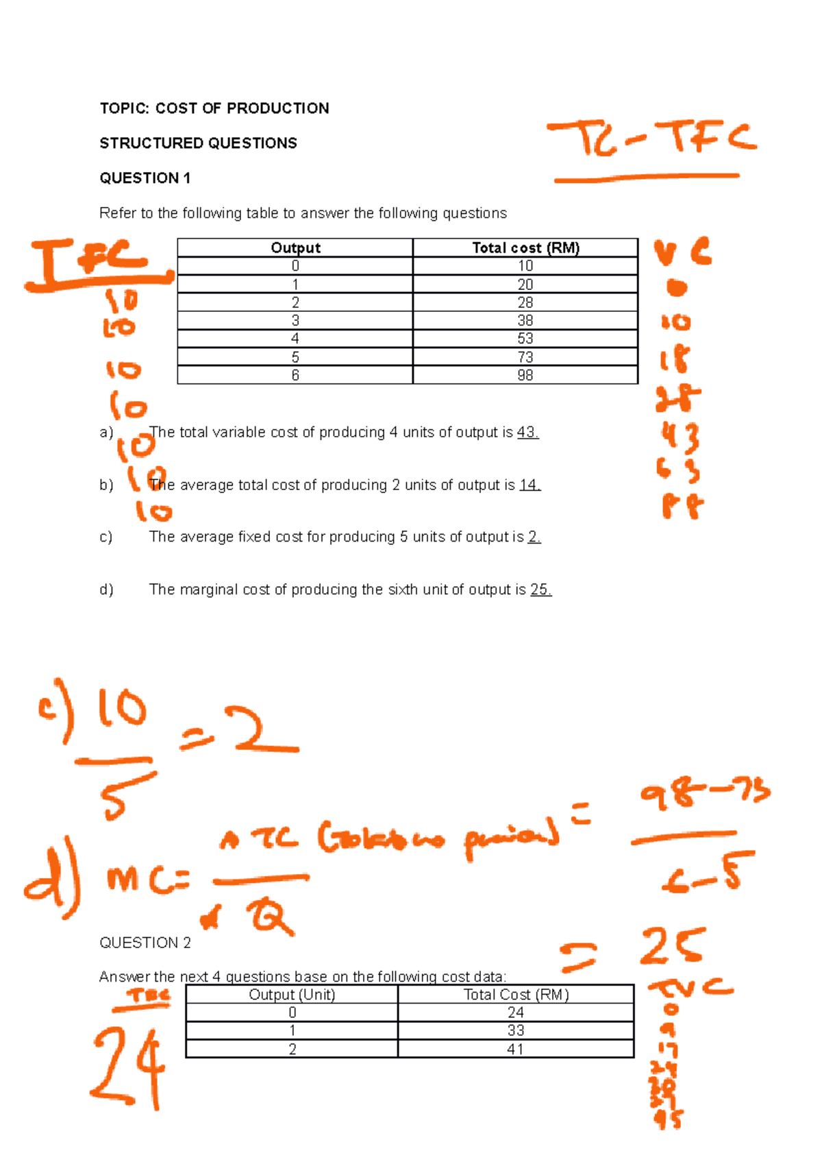 Tutorial 9 COST Theory answer answer TOPIC COST OF PRODUCTION