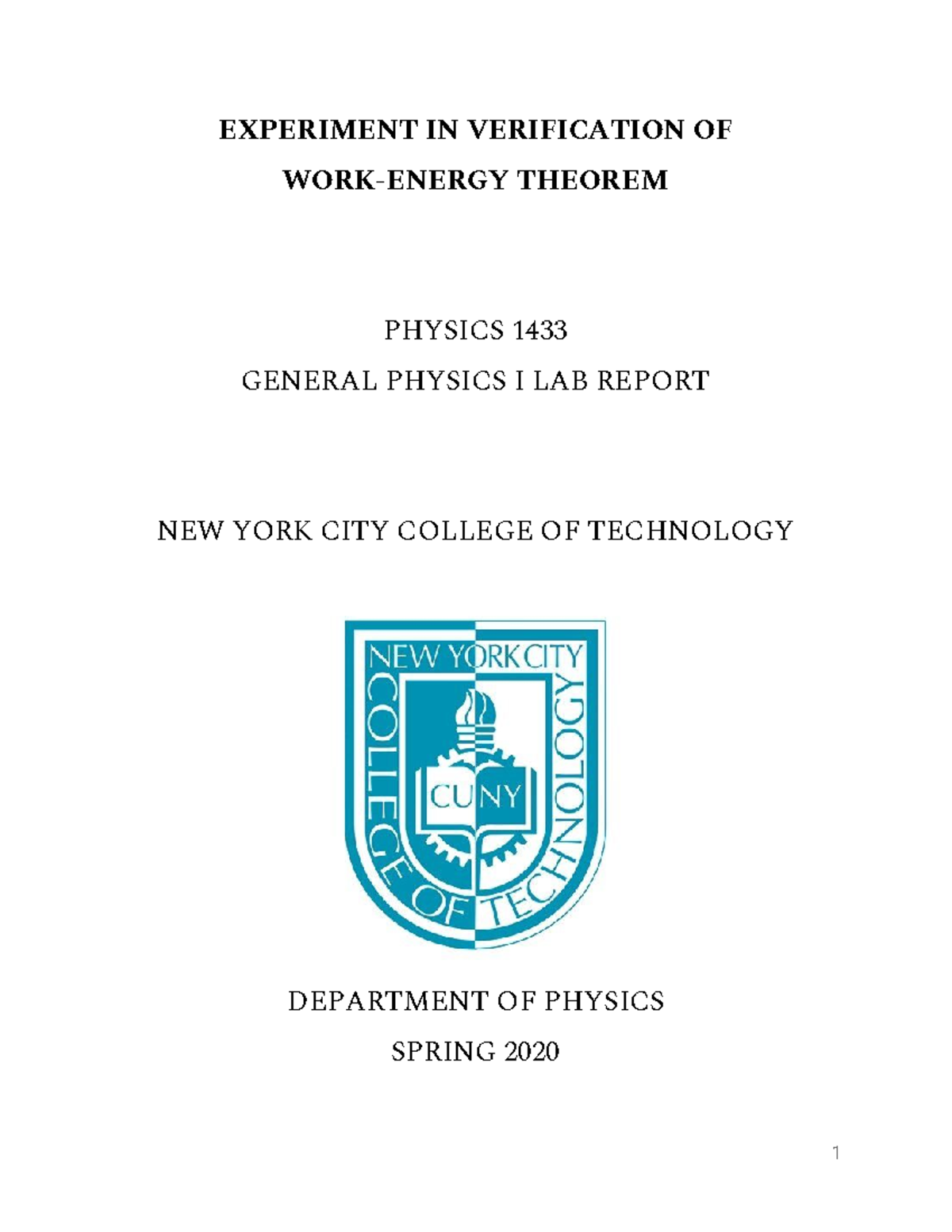 PHYS LB- Verification of Work-Energy Theorem - EXPERIMENT IN ...