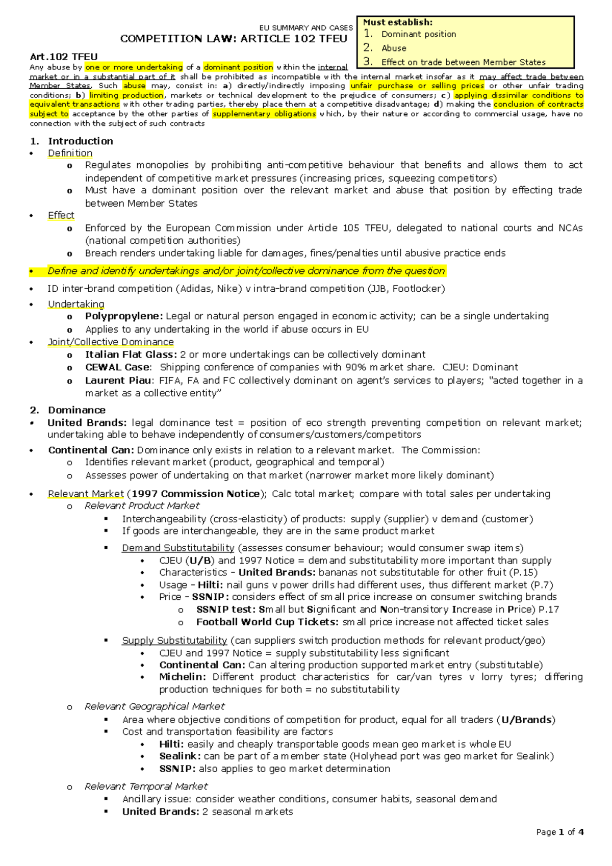 01a - Article 102 TEFU - EU SUMMARY AND CASES COMPETITION LAW: ARTICLE ...
