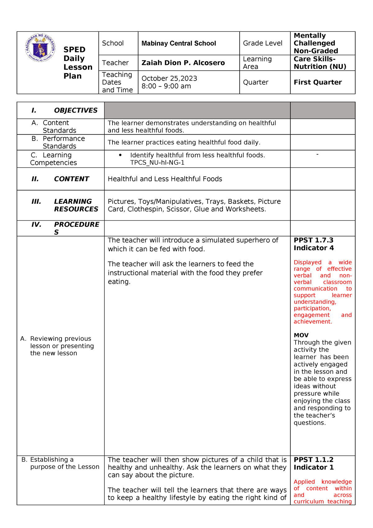 Healthful Less Healthful Foods Lesson Plan CO1 - SPED Daily Lesson Plan ...