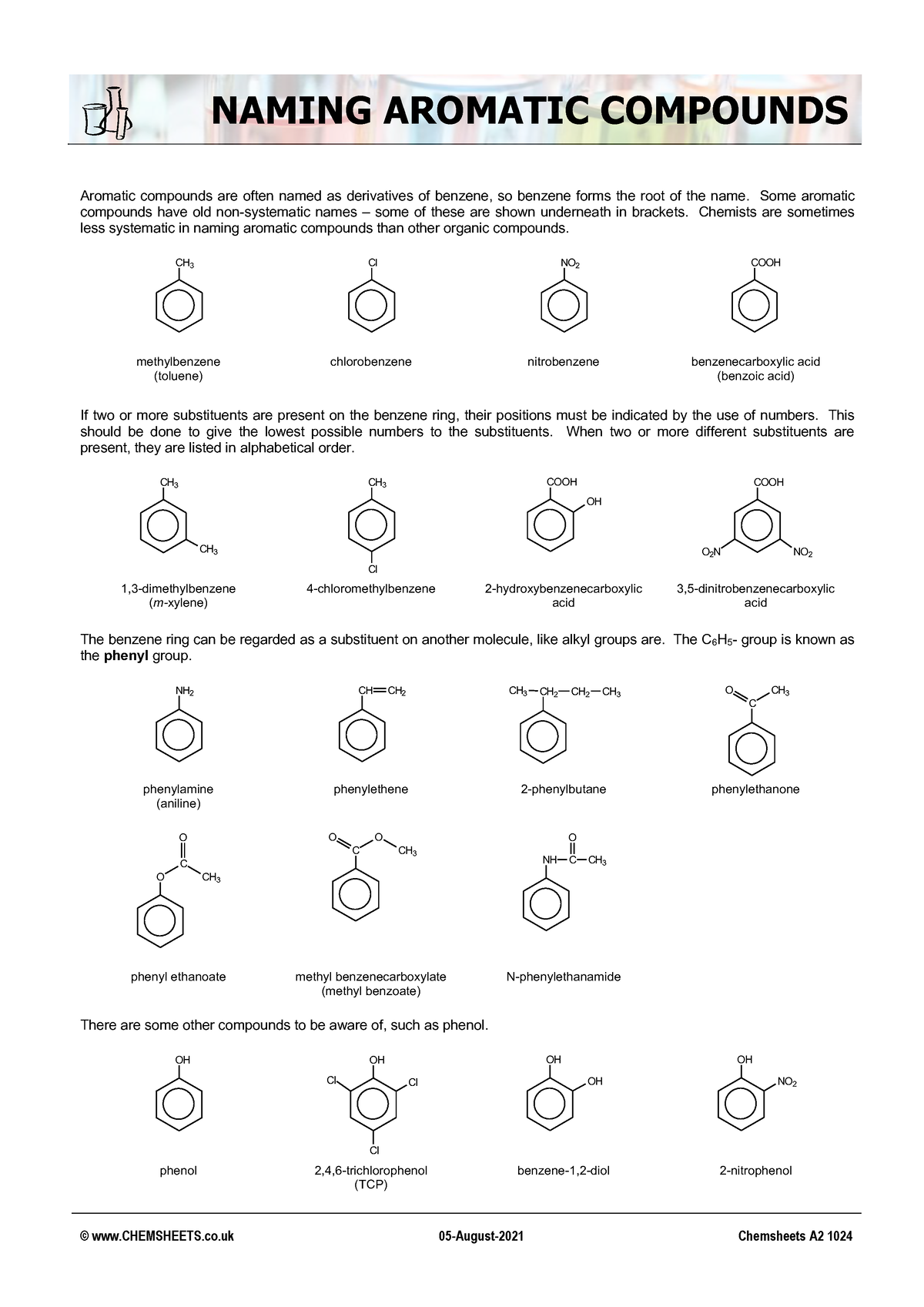 Chemsheets Naming Aromatic Compounds CHEMSHEETS co 05 August 2021 