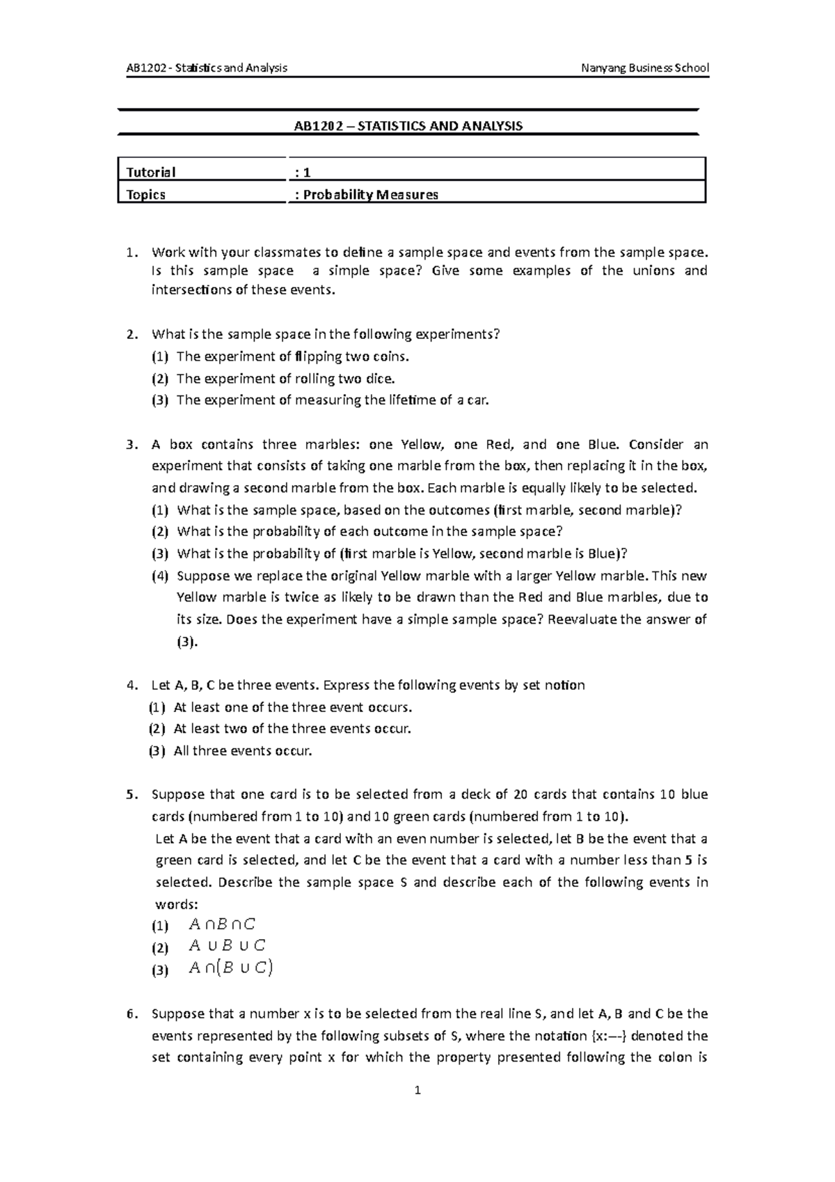 Questions week 1 - AB1202 - Statistics and Analysis Nanyang Business ...