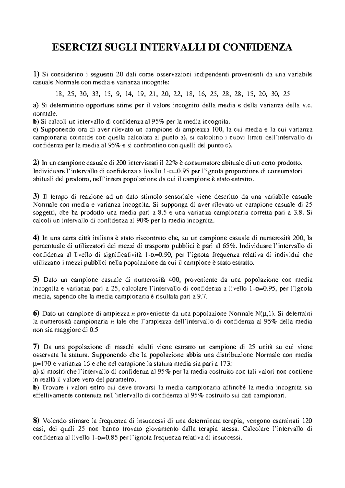 Esercitazione - Intervalli Di Confidenza - Statistica Applicata - A.a ...