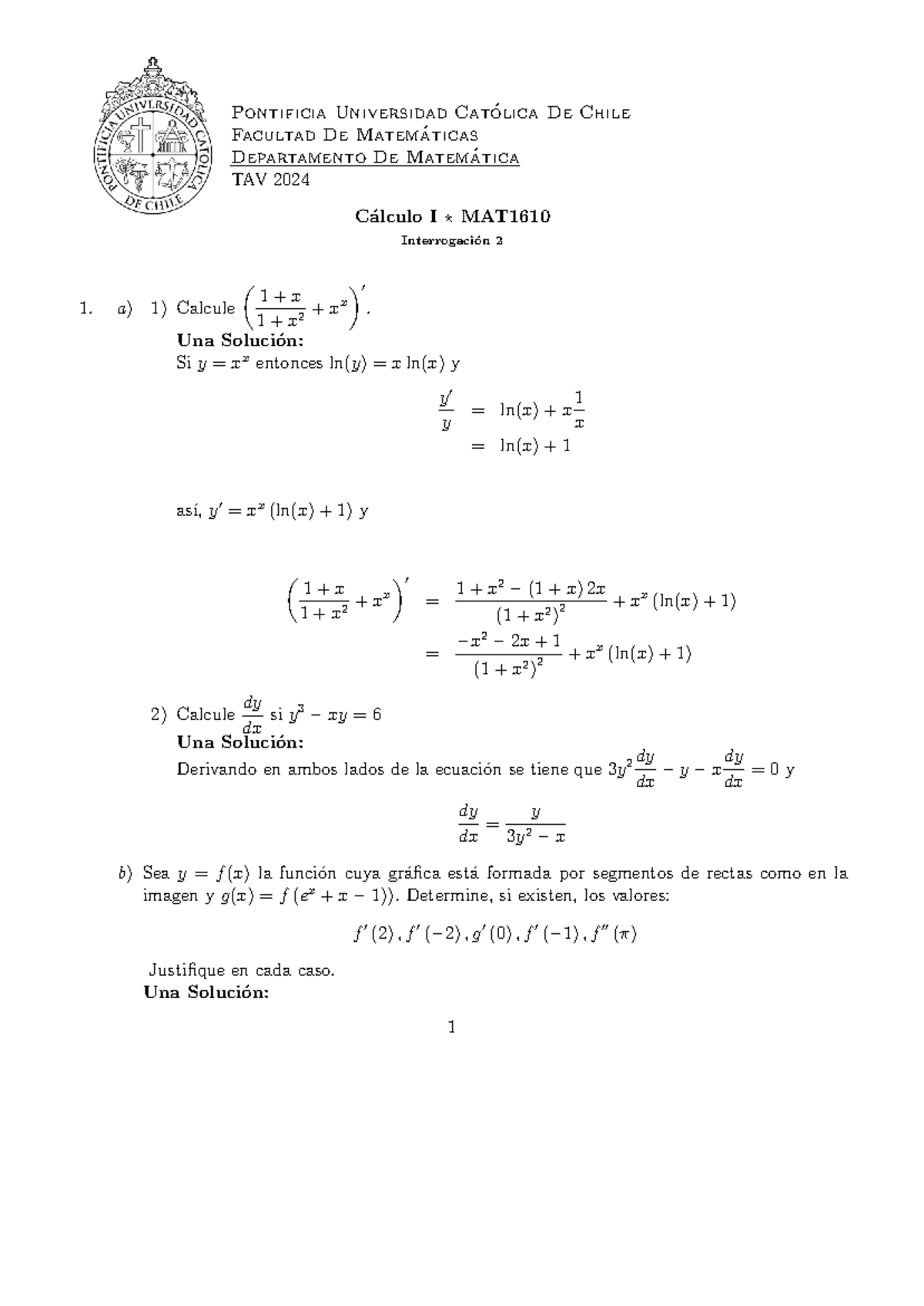 Pauta I 2 11 Prueba Tav Calculo 1 Pontificia Universidad Cat