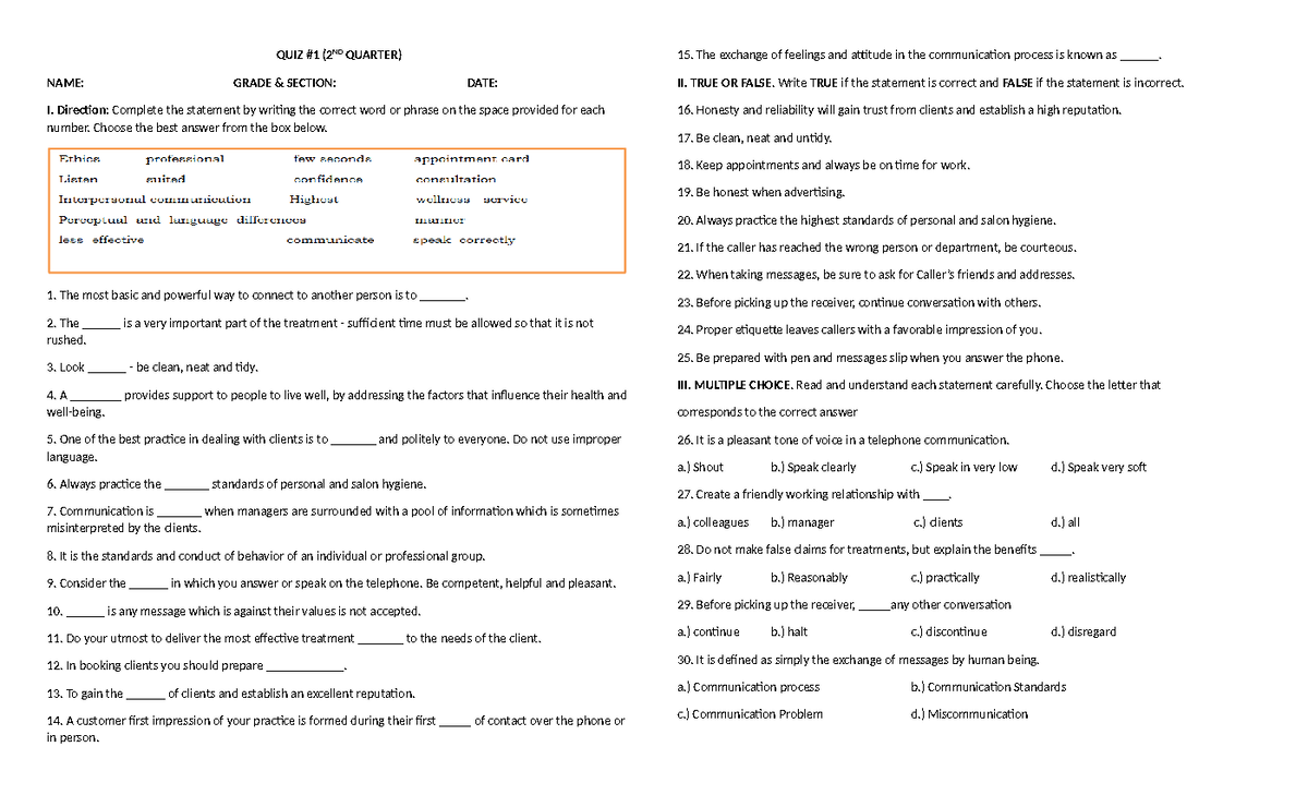 WM- QUIZ 1 (2ND Quarter) - QUIZ #1 (2ND QUARTER) NAME: GRADE & SECTION ...