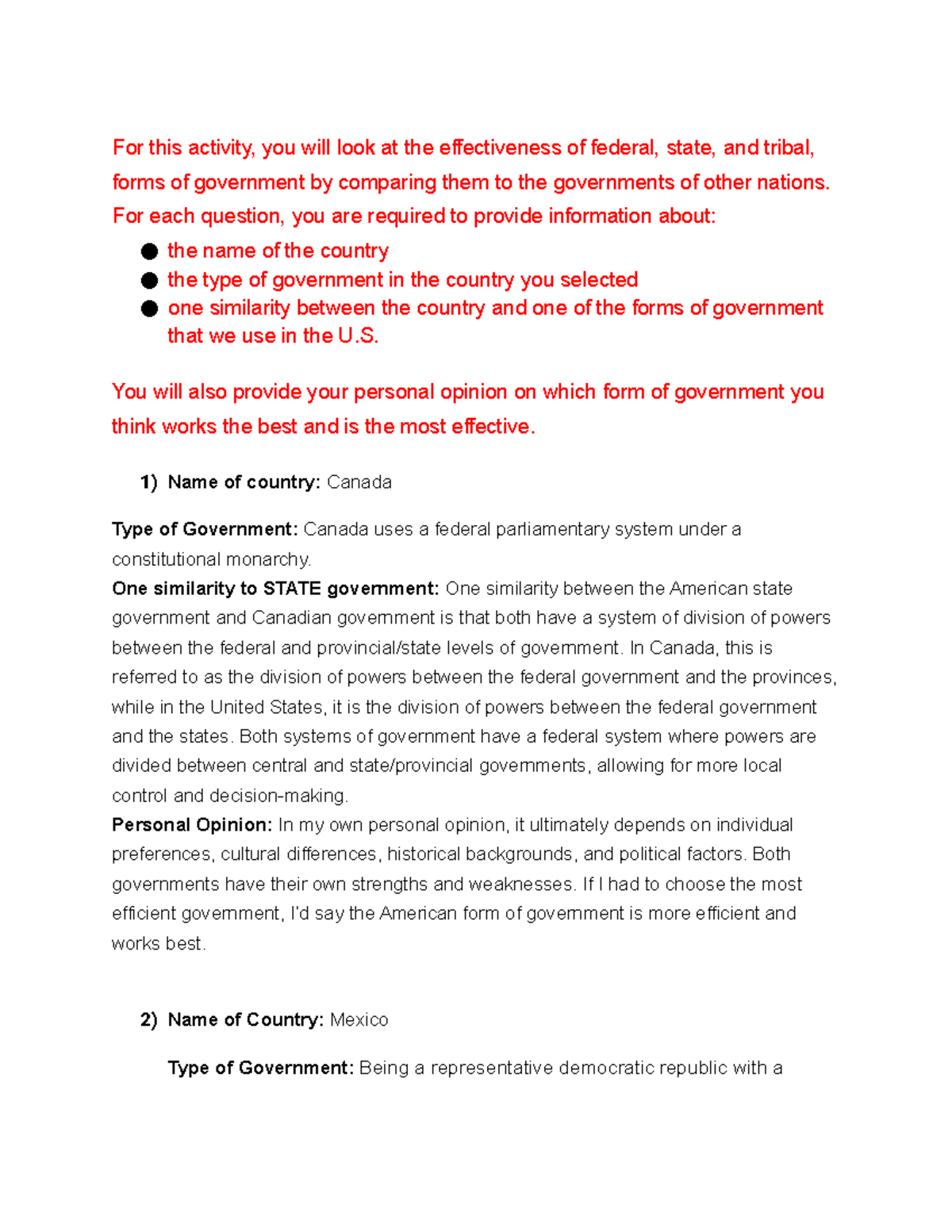 Activity 5.2.2 - Comparing Governments - For This Activity, You Will ...