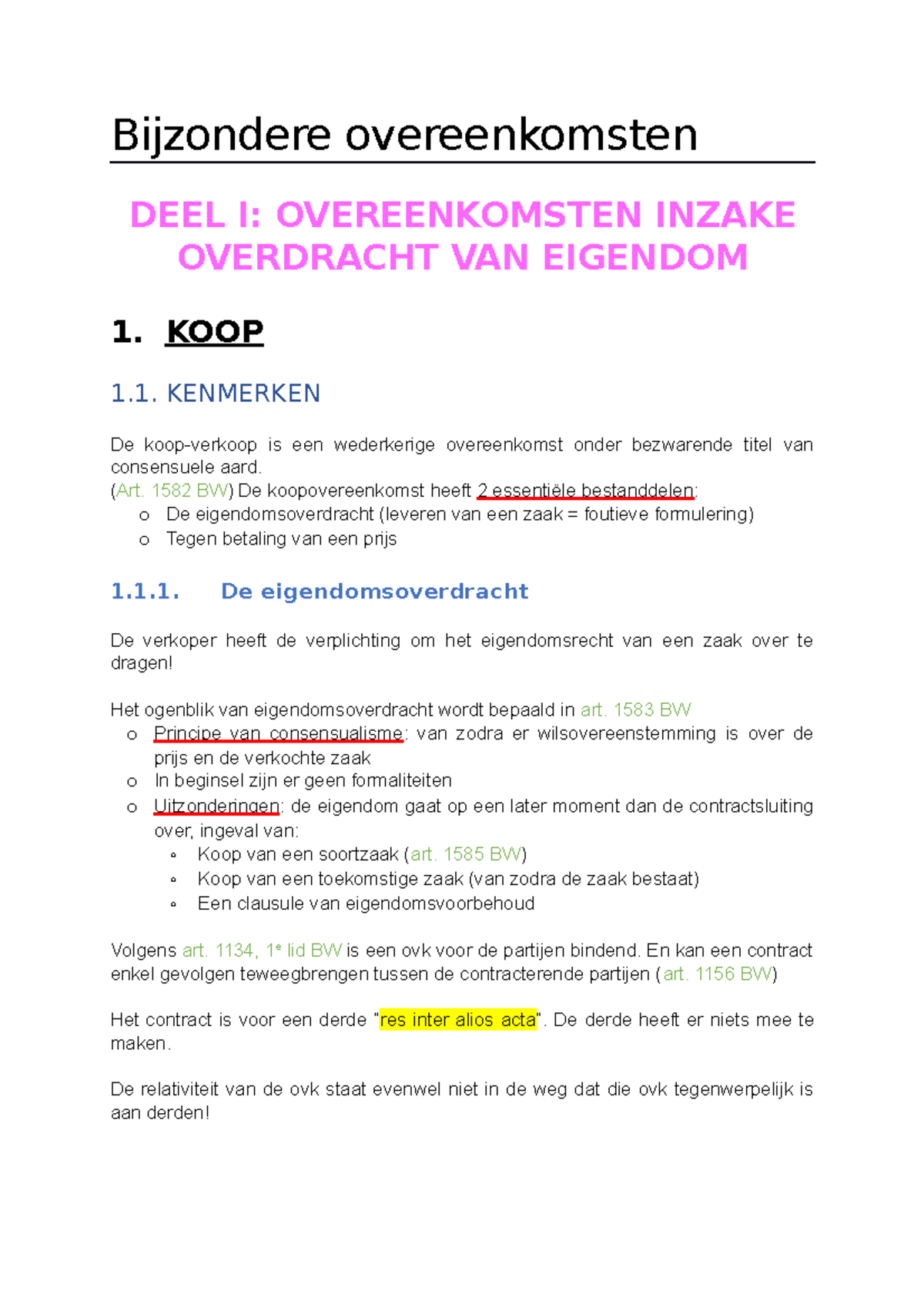 Samenvatting Bijzondere Overeenkomsten - Bijzondere Overeenkomsten DEEL ...