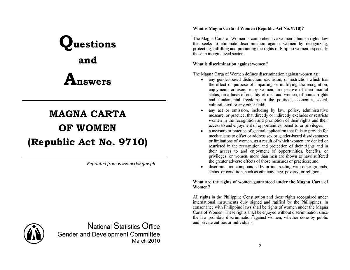 Magna Carta Of Women Qanda Questions And Answers Magna Carta Of Women Republic Act No 9710 0398