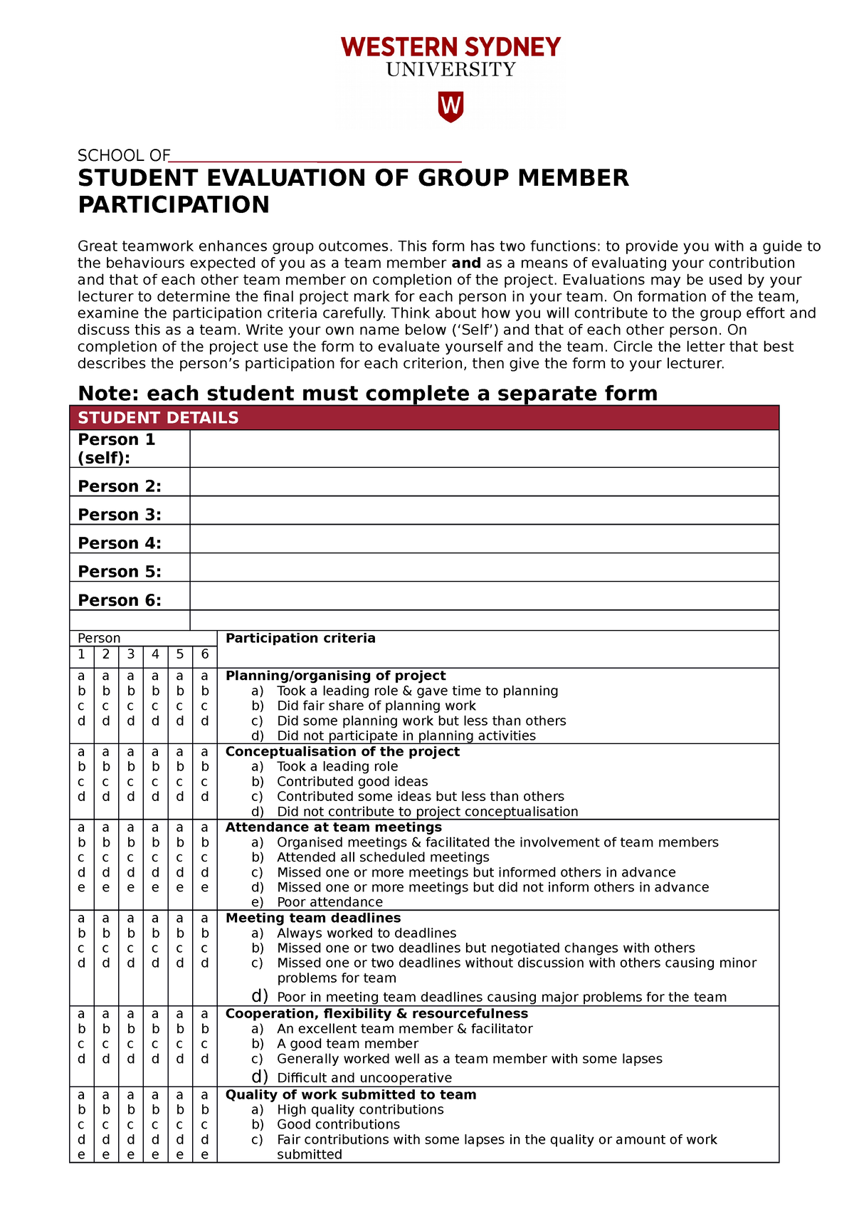 Student Evaluationof Group Members Sheet WSU SCHOOL OF STUDENT