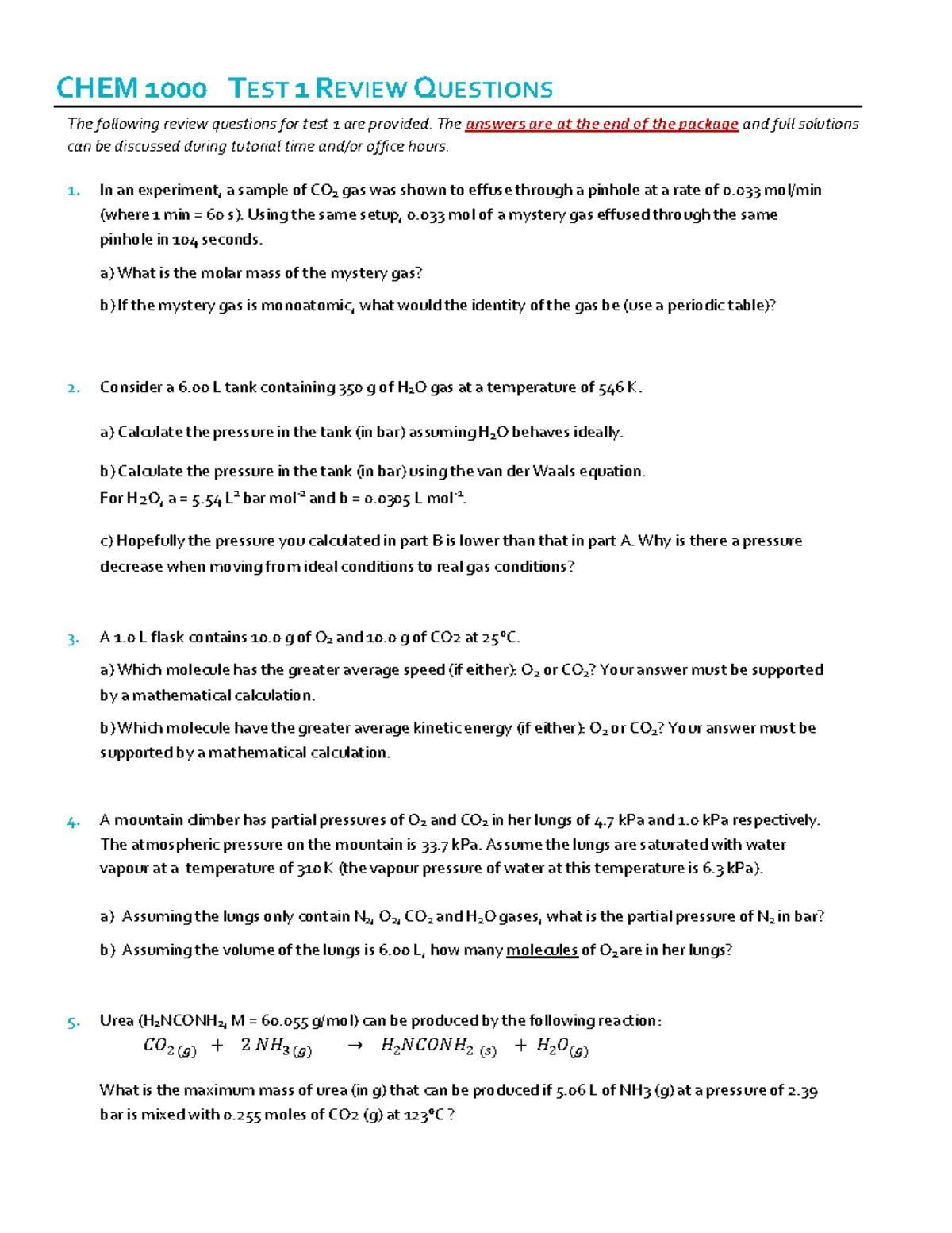 CHEM1000 - Test 1 extra problems - CHEM 1000 TEST 1 REVIEW QUESTIONS ...
