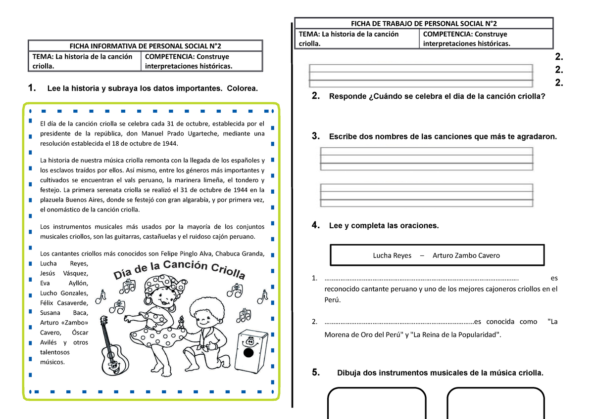 Dia De La Musica Criolla Ficha Informativa De Personal Social N° Tema La Historia De La