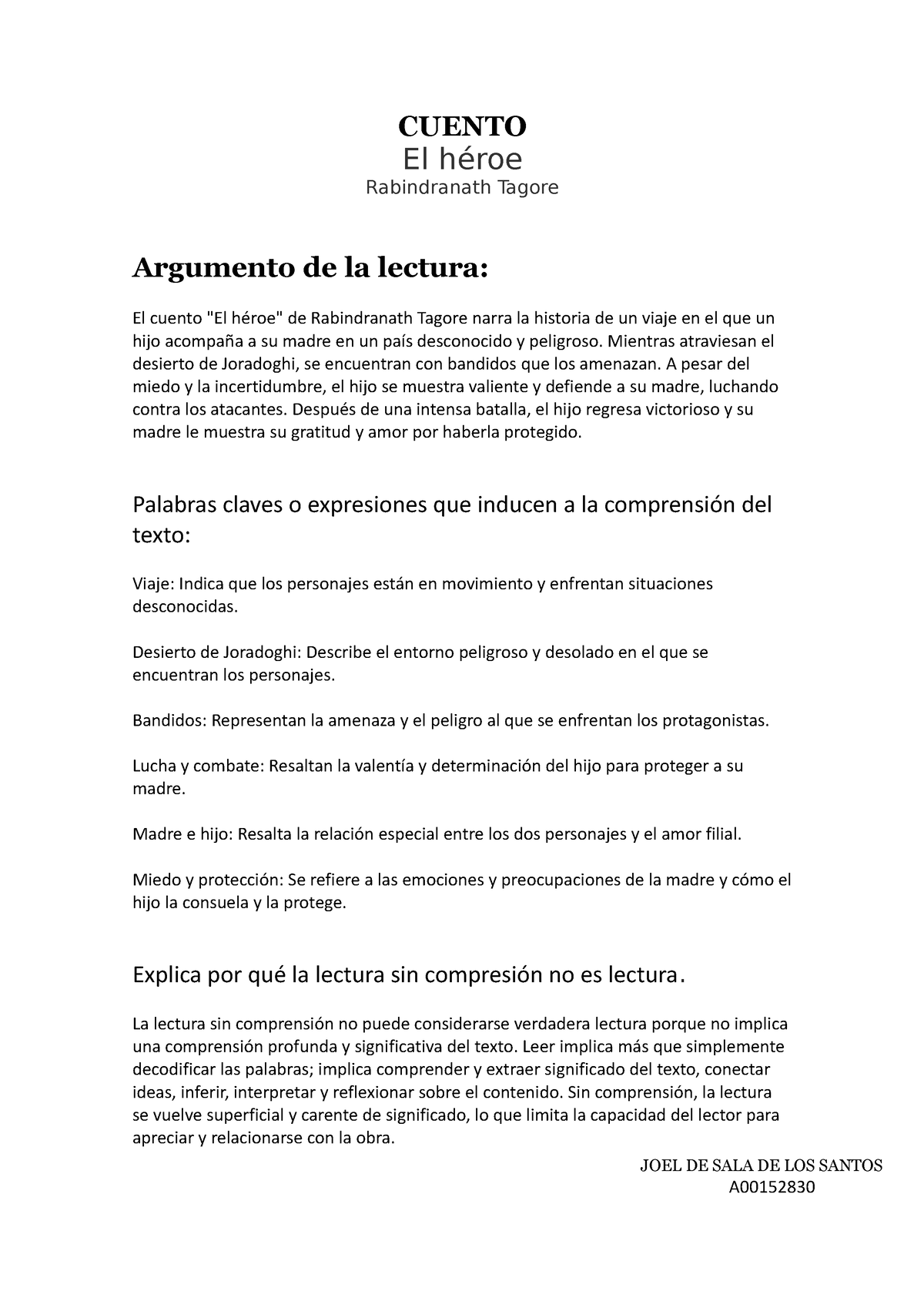 Cuento - CUENTO El Héroe Rabindranath Tagore Argumento De La Lectura ...