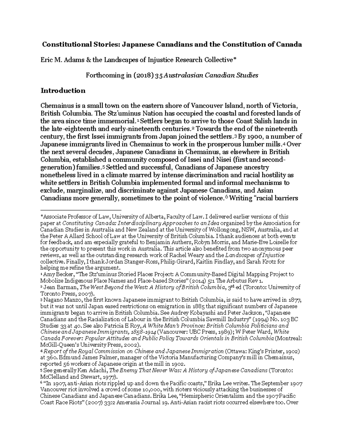 Adams Constitutional Stories Japanese Canadians and the Constitution