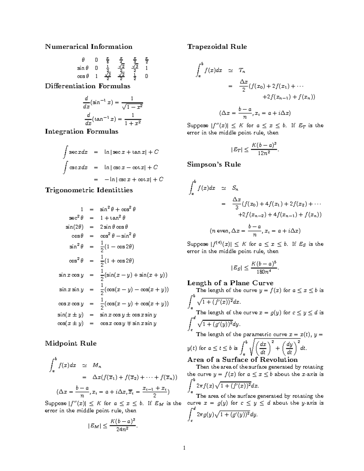 Formulas exam - Lecture notes 1-2 - Numerarical Information θ 0 π 6 π 4 ...