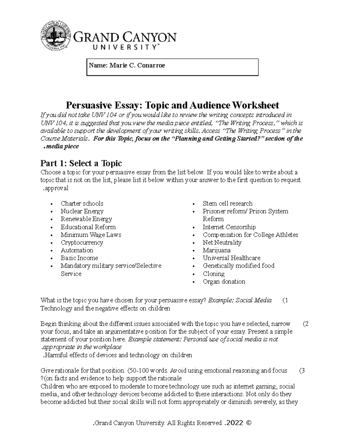 T1 Topicand Audience Worksheet PHI105 Persuasive Essay Planning 9 5 22 ...