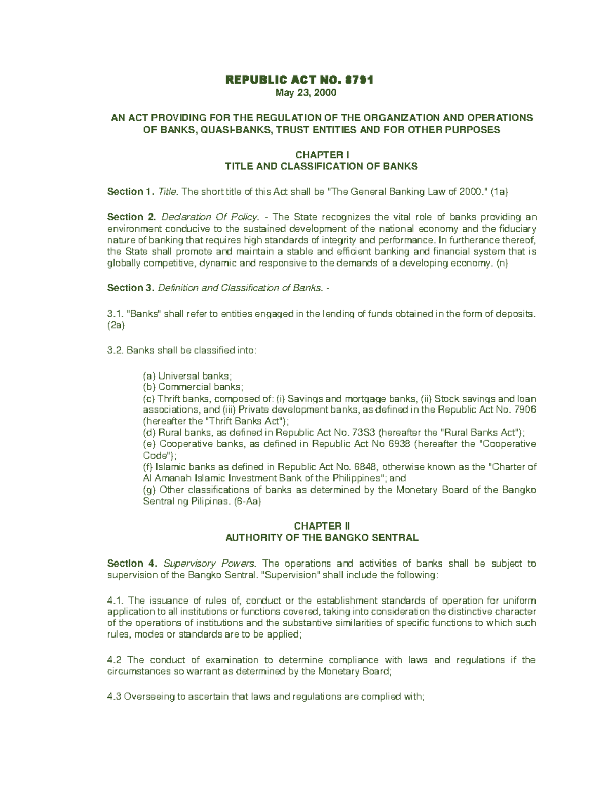 General Banking LAW OF 2000 RA 8791 - REPUBLIC ACT NO. 8791 May 23 ...