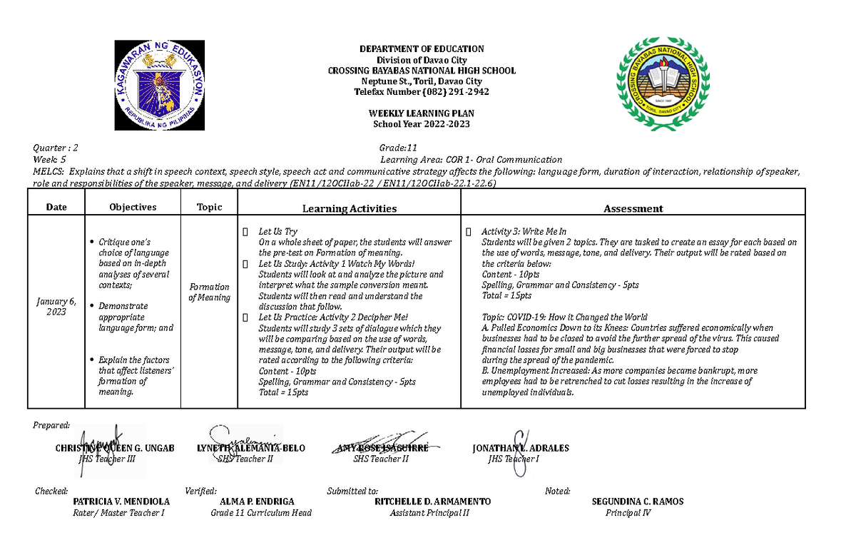 WLP for January 6 2023 - WLP - DEPARTMENT OF EDUCATION Division of ...