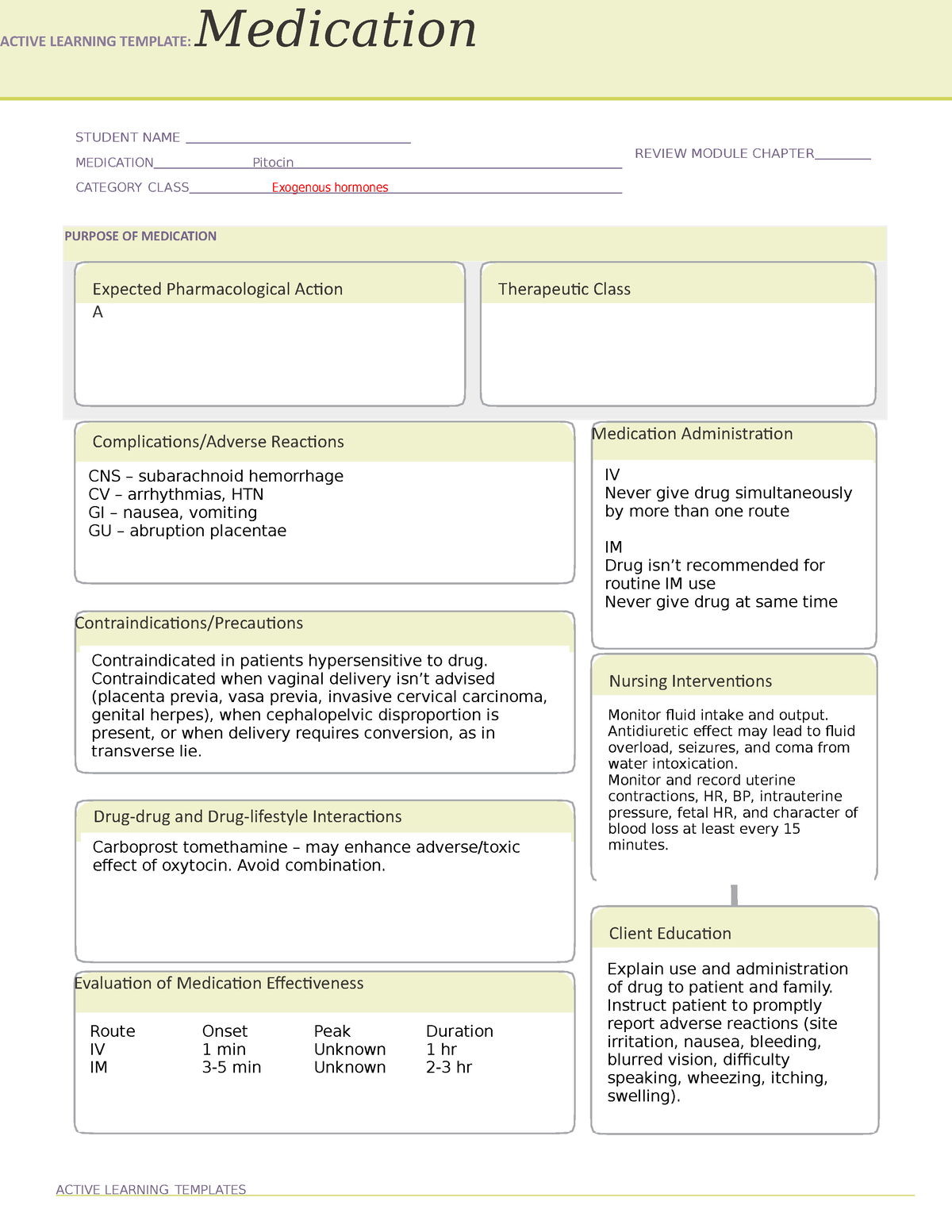 ATI Medication form for Pitocin (Oxytocin) for Medical/Surgical Class ...