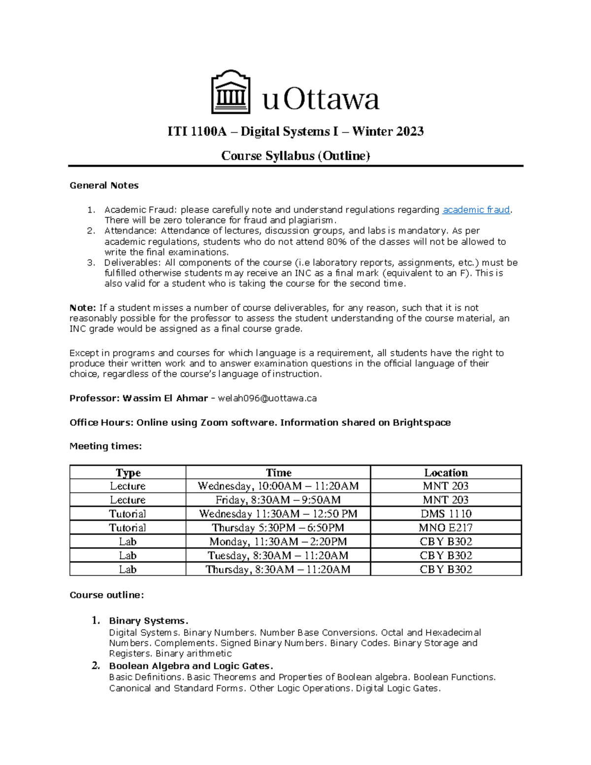 ITI1100 Syllabus - ITI 1100A – Digital Systems I – Winter 2023 Course ...