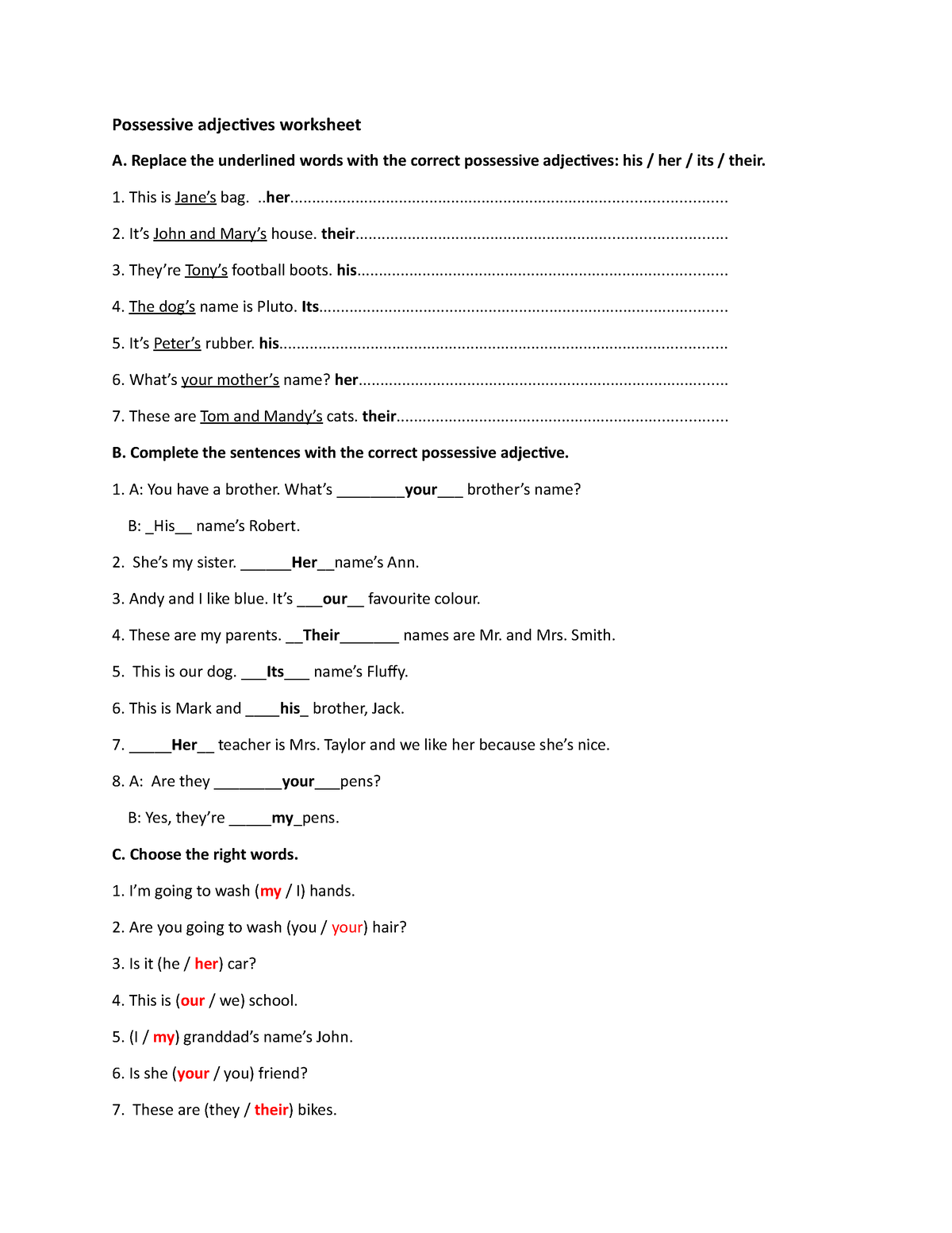 Possessive adjectives worksheet - Replace the underlined words with the ...