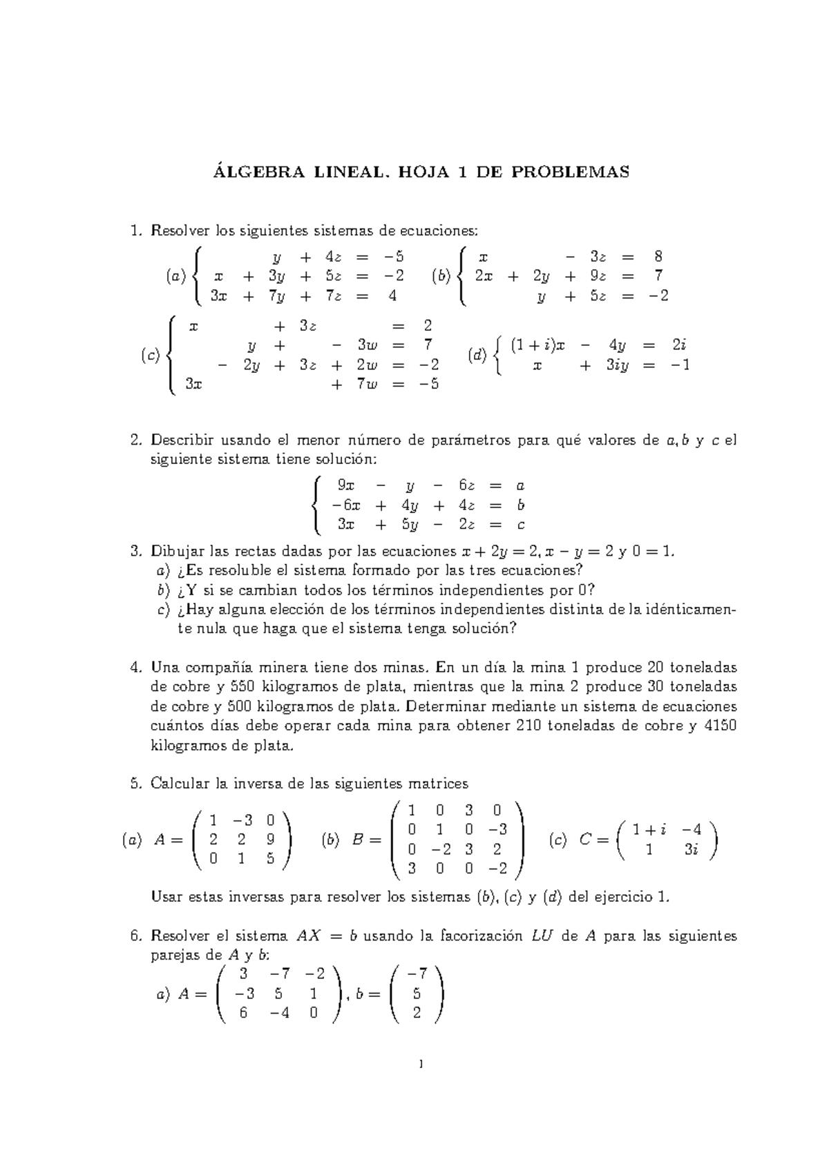 Hoja De Problemas Lgebra Lineal Algebra Lineal Hoja De Problemas Resolver Los Studocu