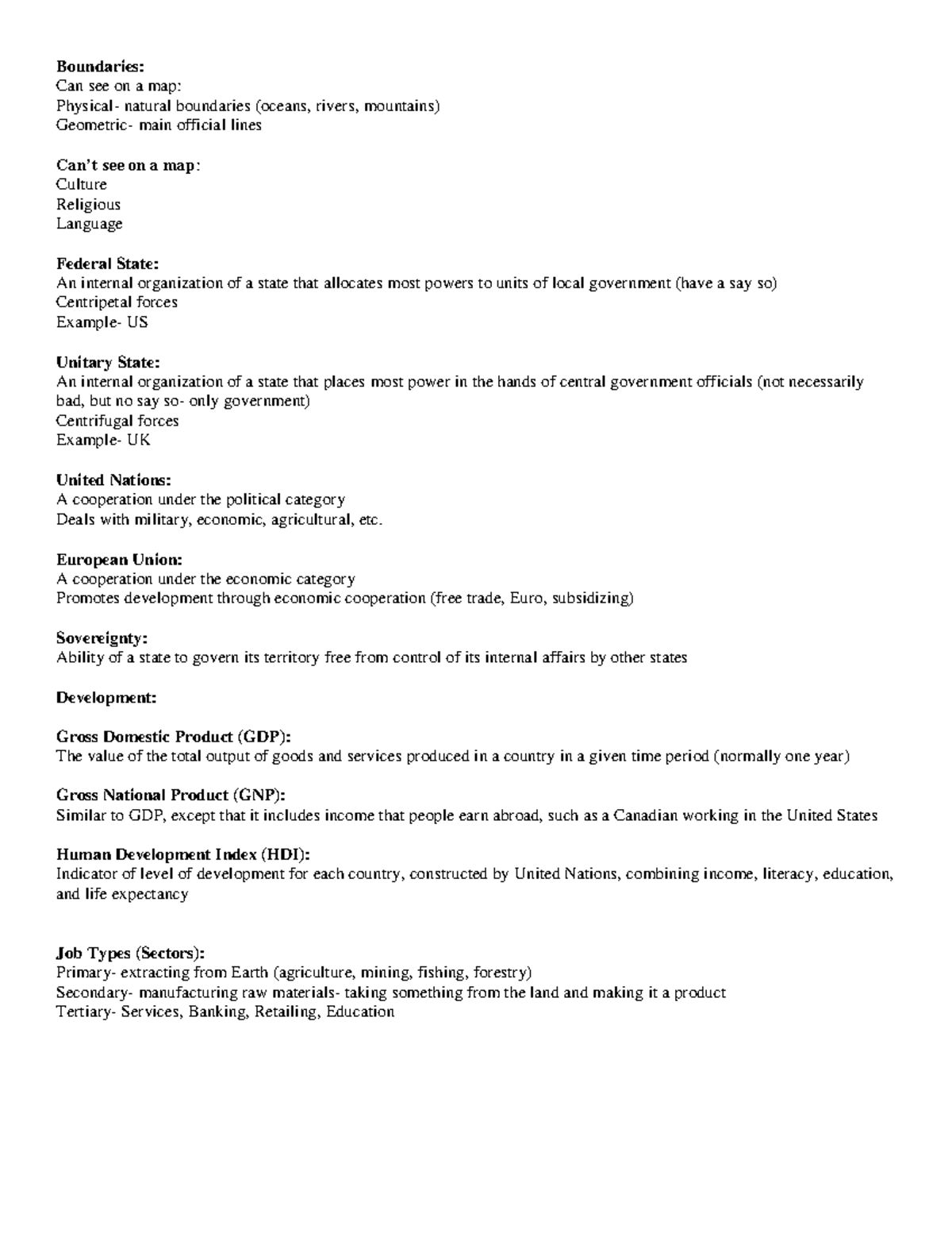 Human Geography Notes 10 - Boundaries: Can see on a map: Physical ...
