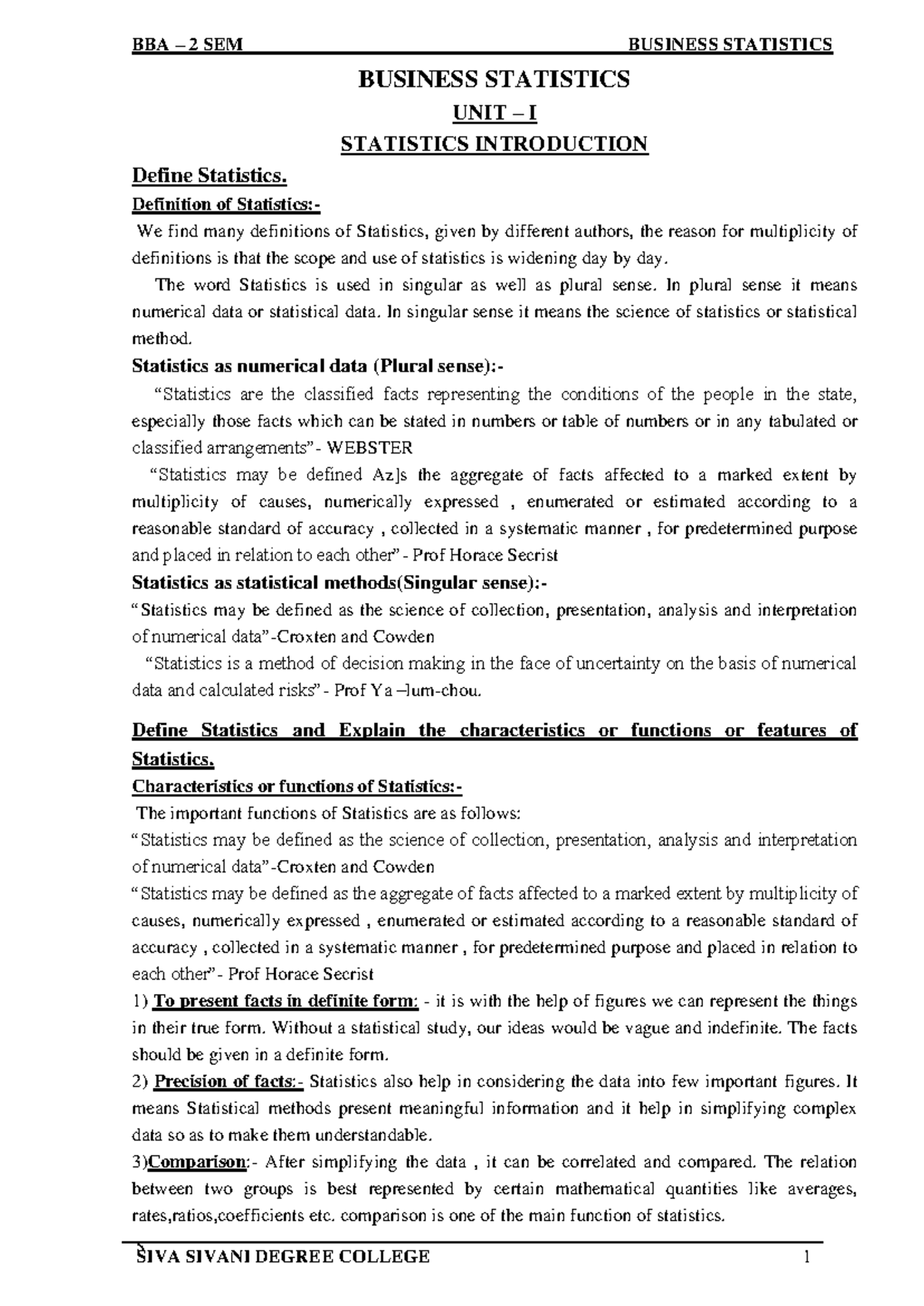 BBA Business statistics - S BUSINESS STATISTICS UNIT – I STATISTICS ...