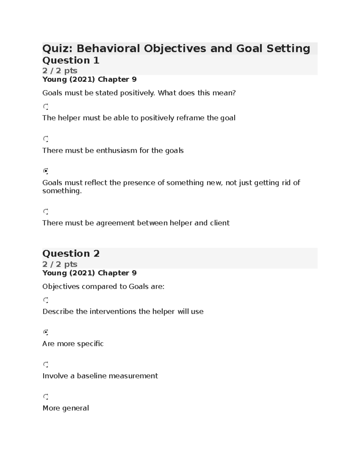 Quiz Behavioral Objectives and Goal Setting Quiz Behavioral