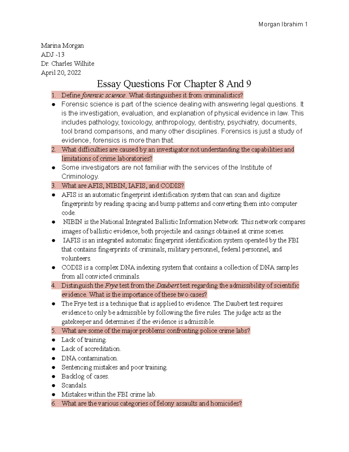 Essay questions. - coursework - Morgan Ibrahim 1 Marina Morgan ADJ - Dr ...