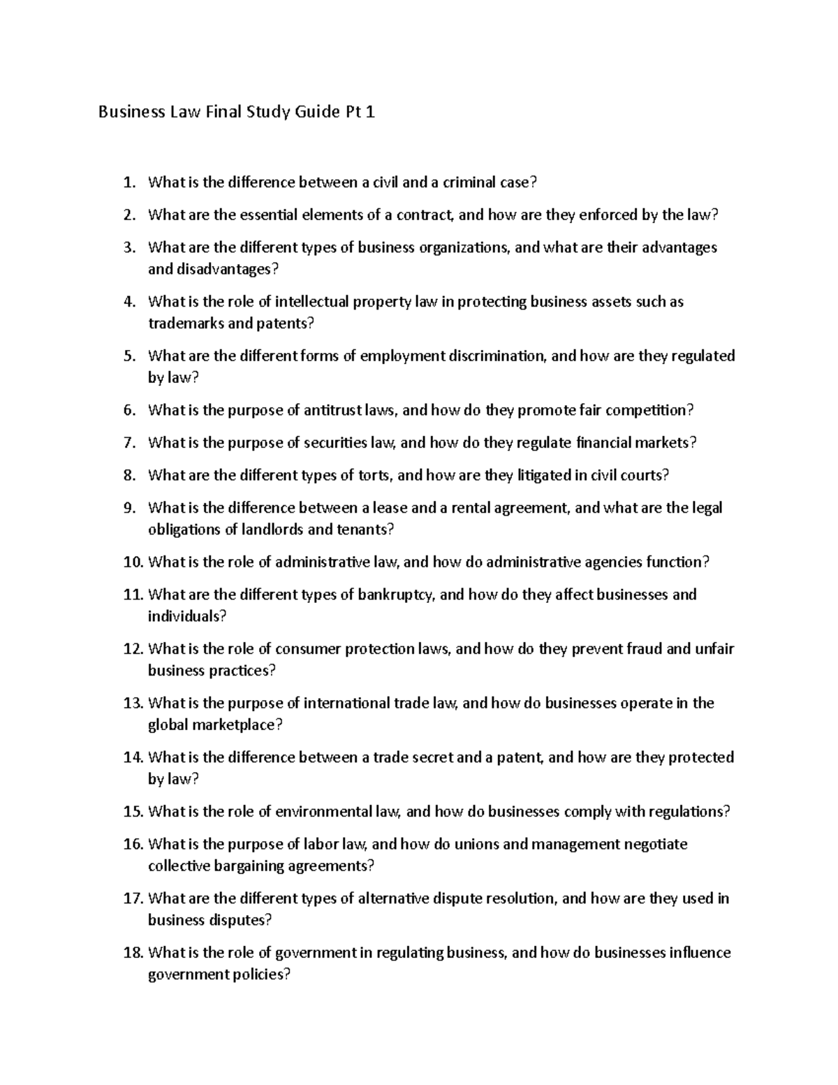 Business Law Final Study Guide Pt 1 - A civil case is a legal dispute ...