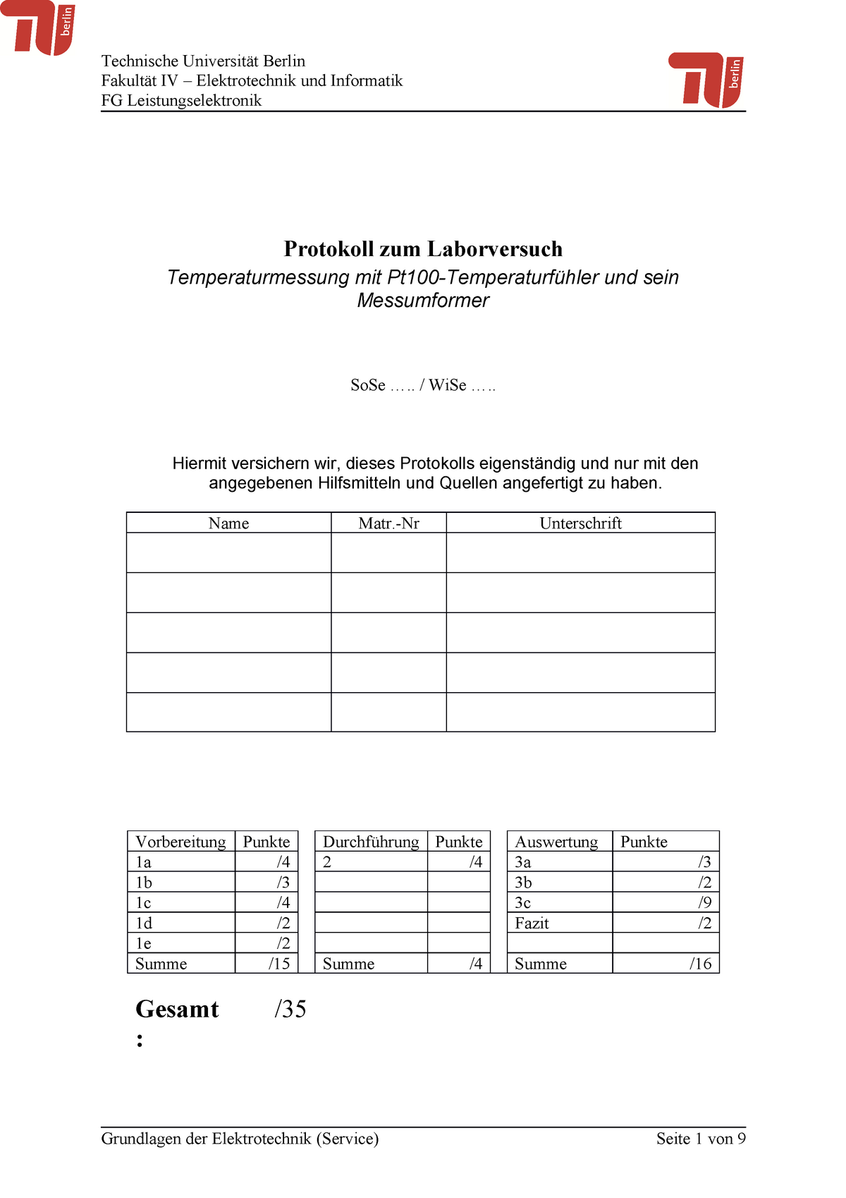 Protokollvorlage Labor 1 Grundlagen Der Elektrotechnik Studocu