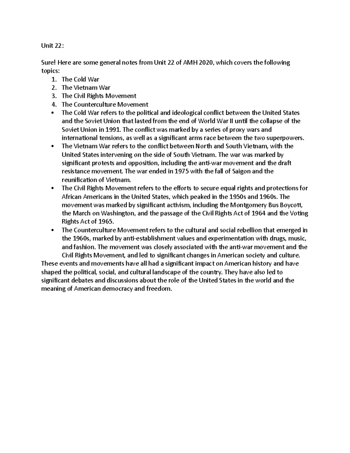 Unit 22 Notes AMH - Unit 22: Sure! Here are some general notes from ...