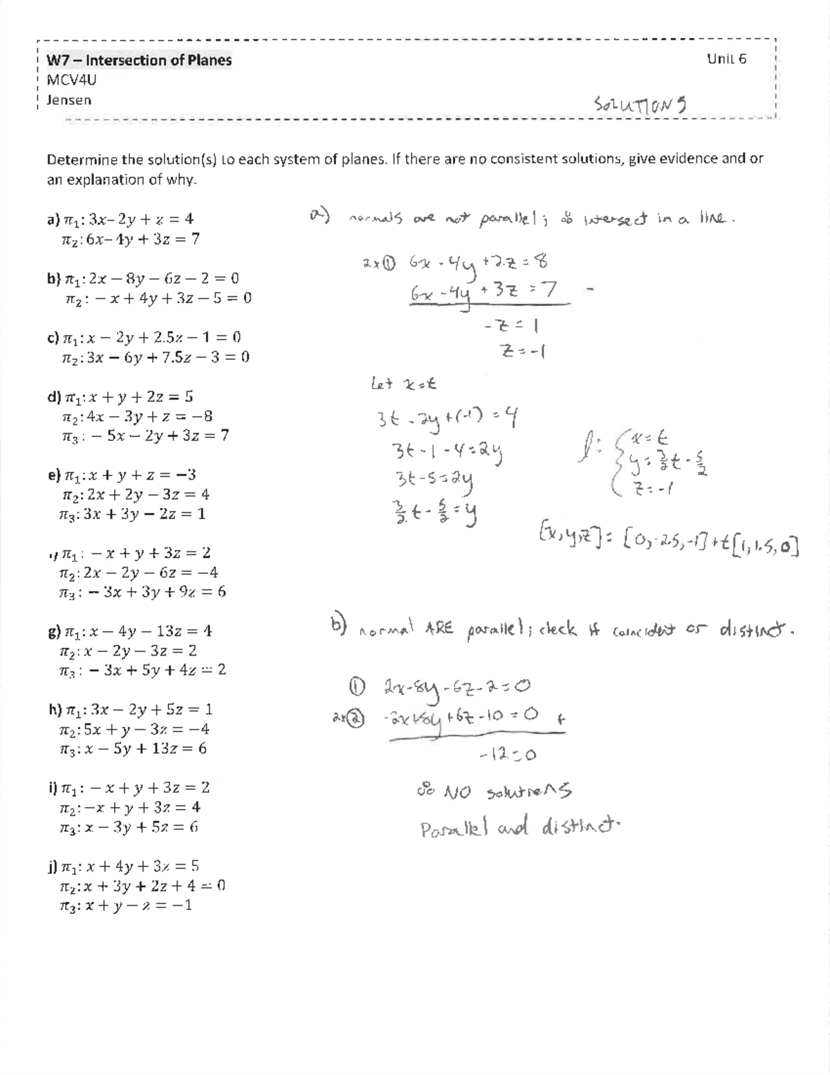 Worksheet -Intersection of Planes-Answers - W7 Intersection of Planes ...