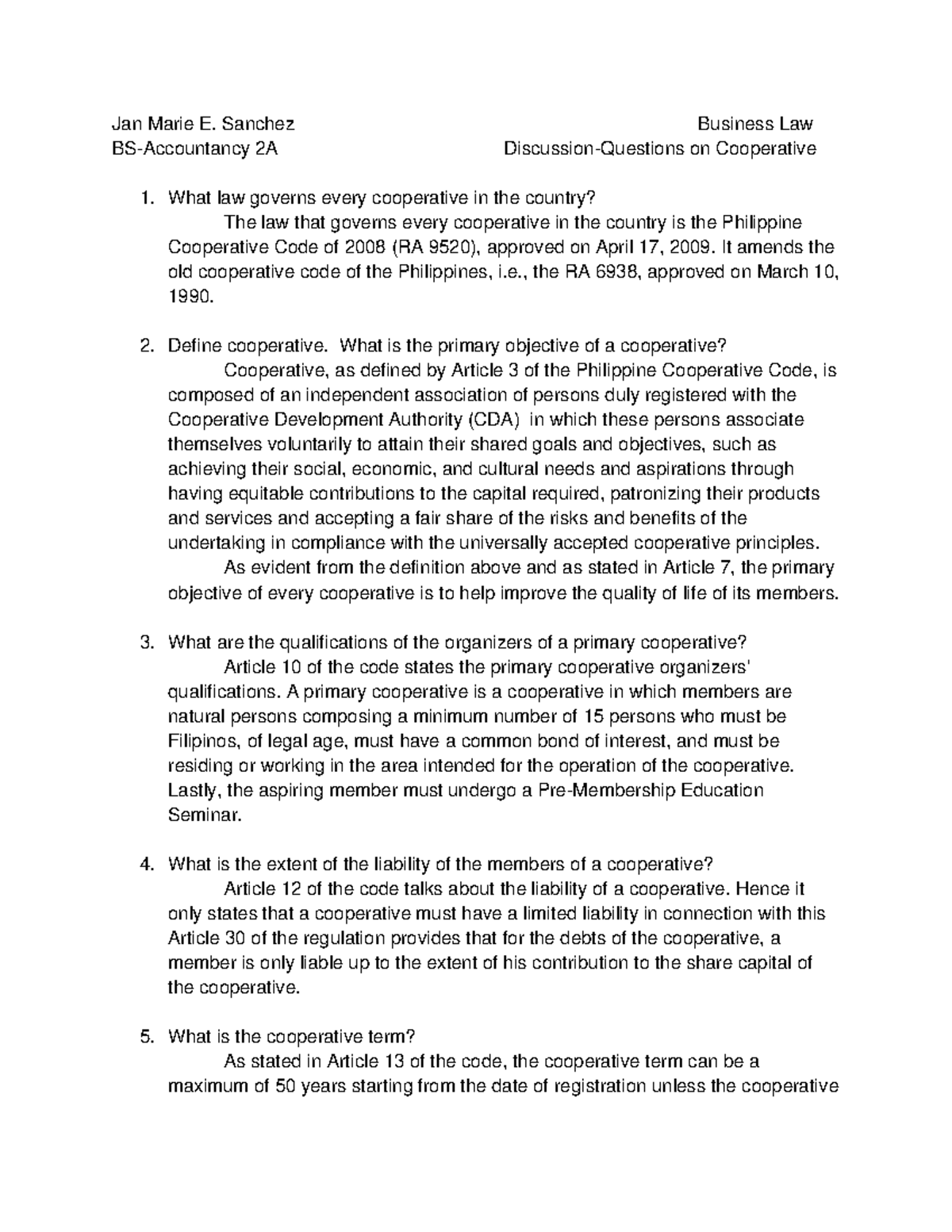 Coop Law Jan Marie E. Sanchez Business Law BSAccountancy 2A