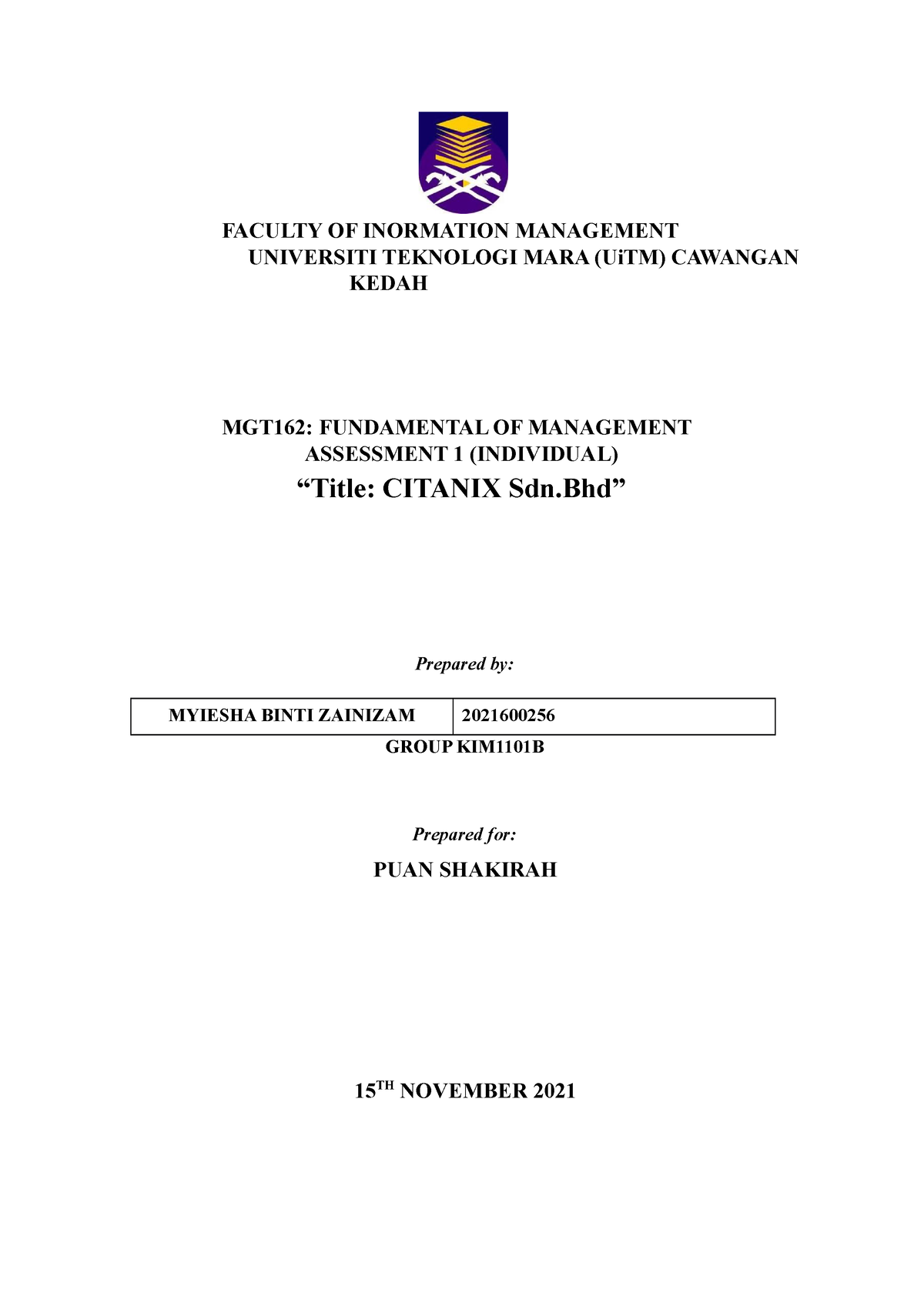 mgt162 assignment company uitm