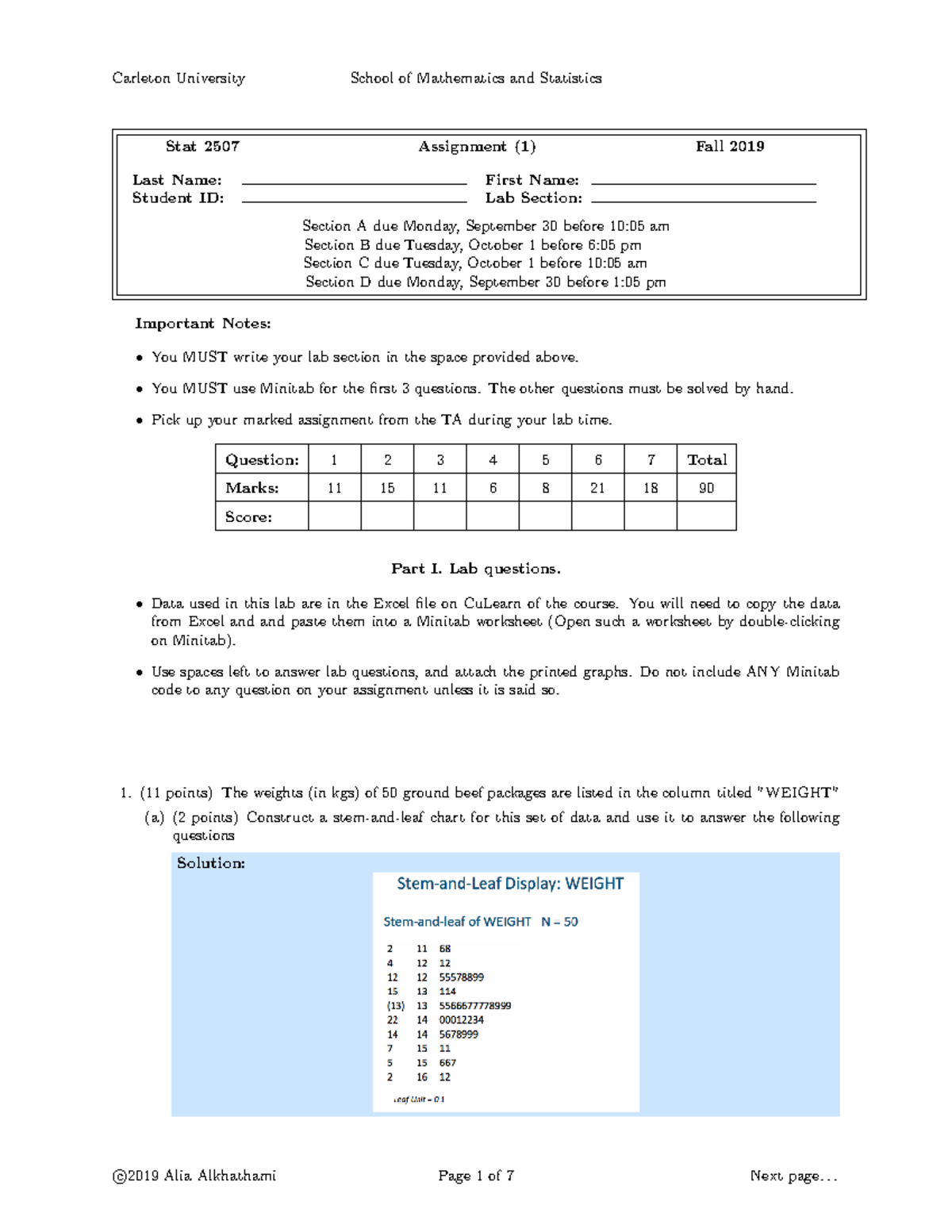 Sol STAT2507 A1 F2019 - assignment 1 solution - Stat 2507 Assignment (1 ...